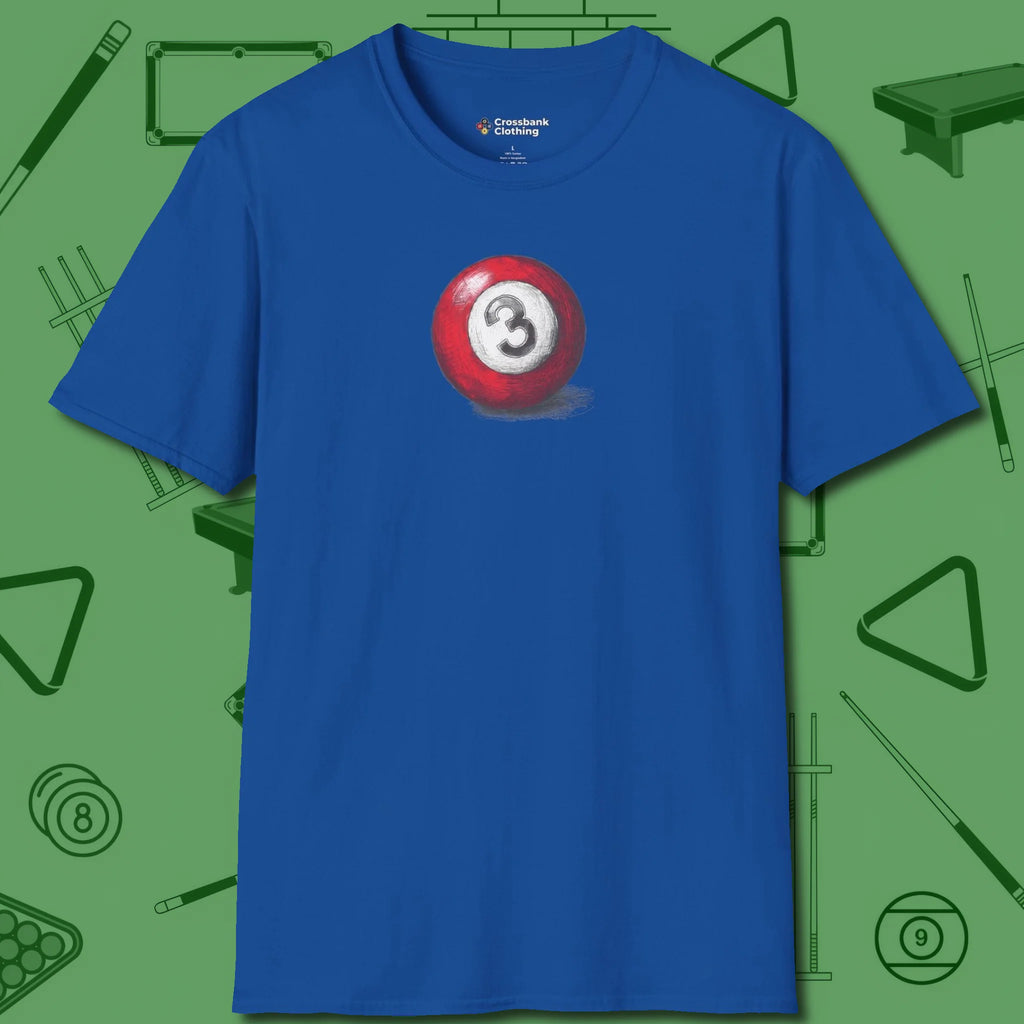 Three Ball Sketch T-Shirt, front view, in Royal made for pool sharks, not posers
