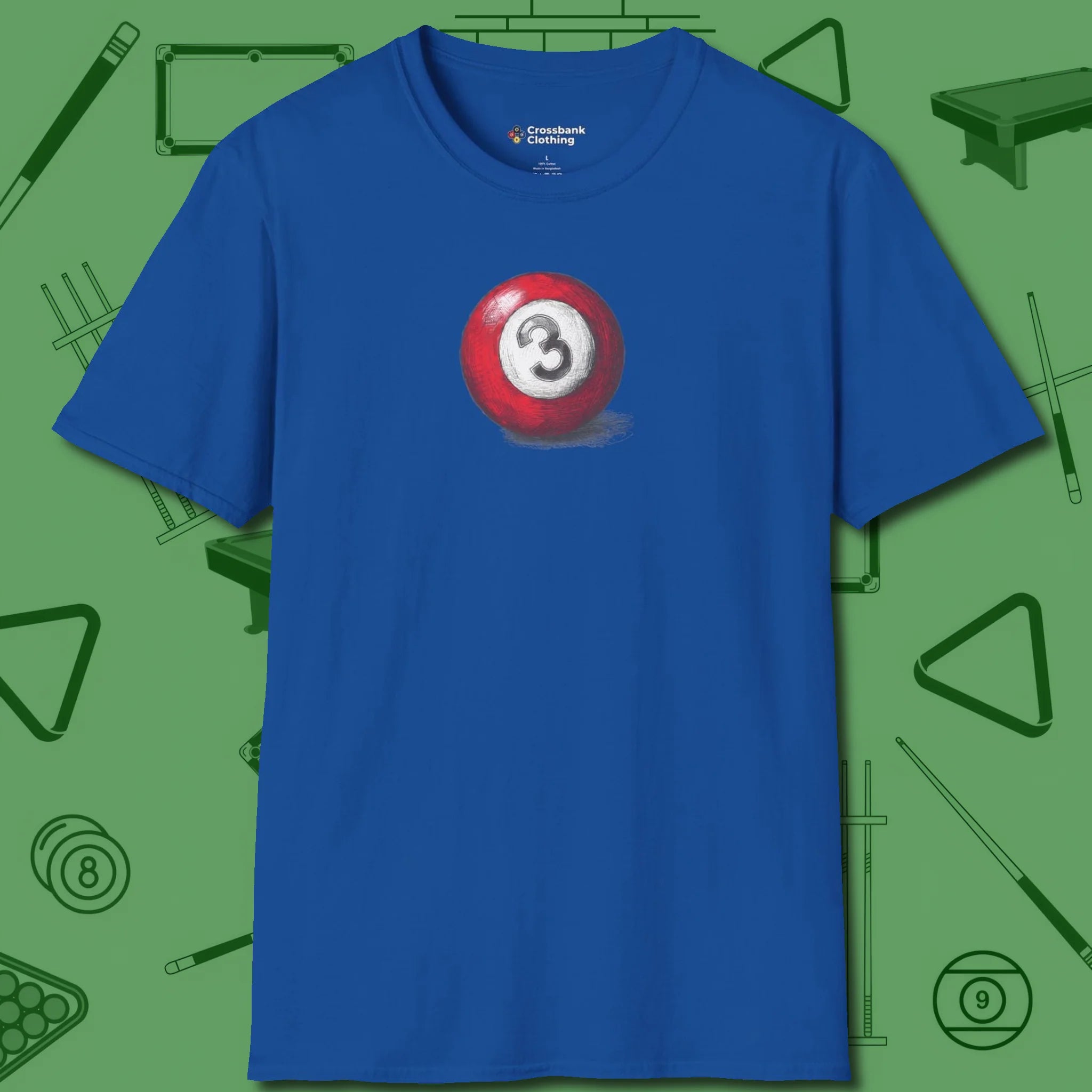 Three Ball Sketch T-Shirt, front view, in Royal made for pool sharks, not posers