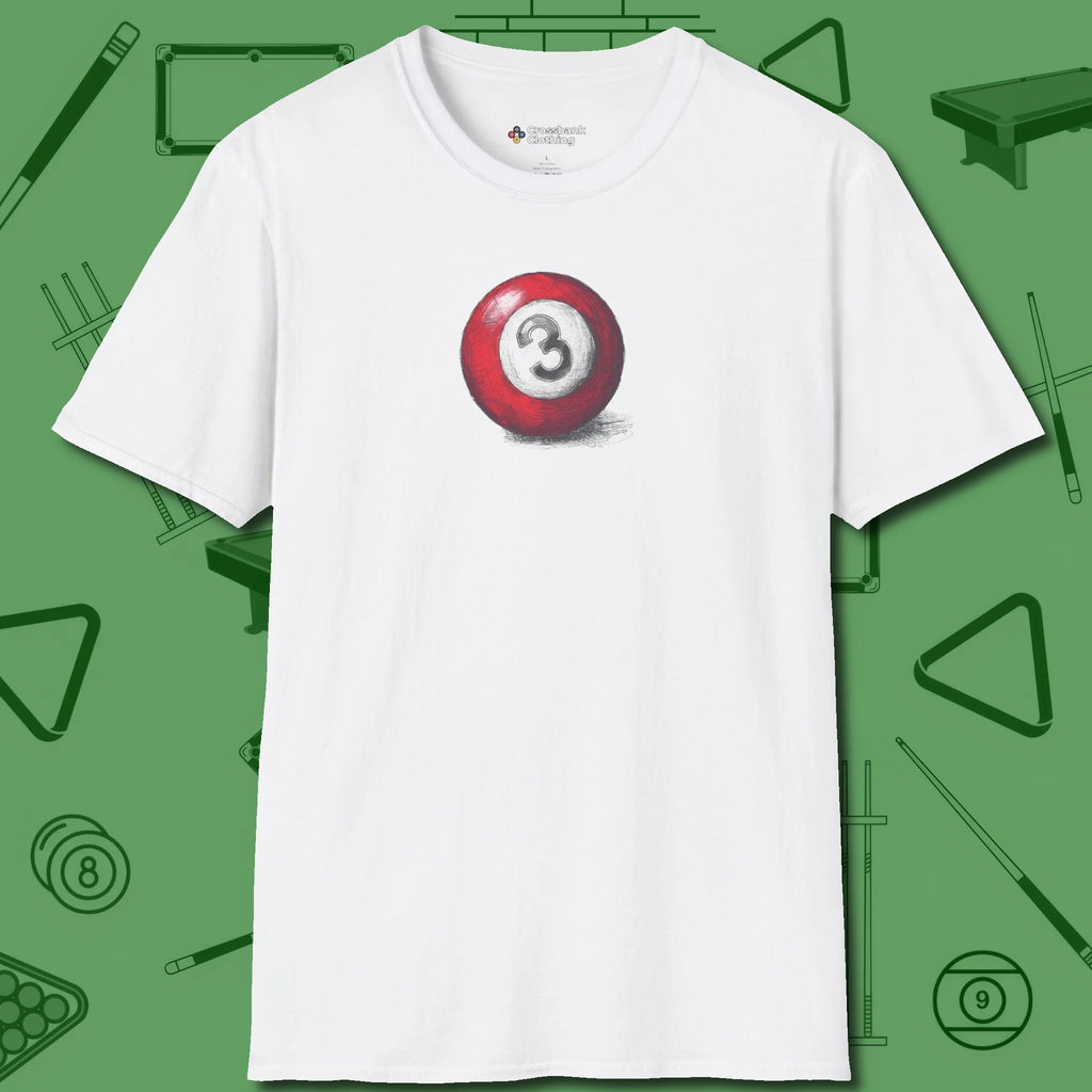 Three Ball Sketch T-Shirt, front view, in White not your average 8-ball graphic tee