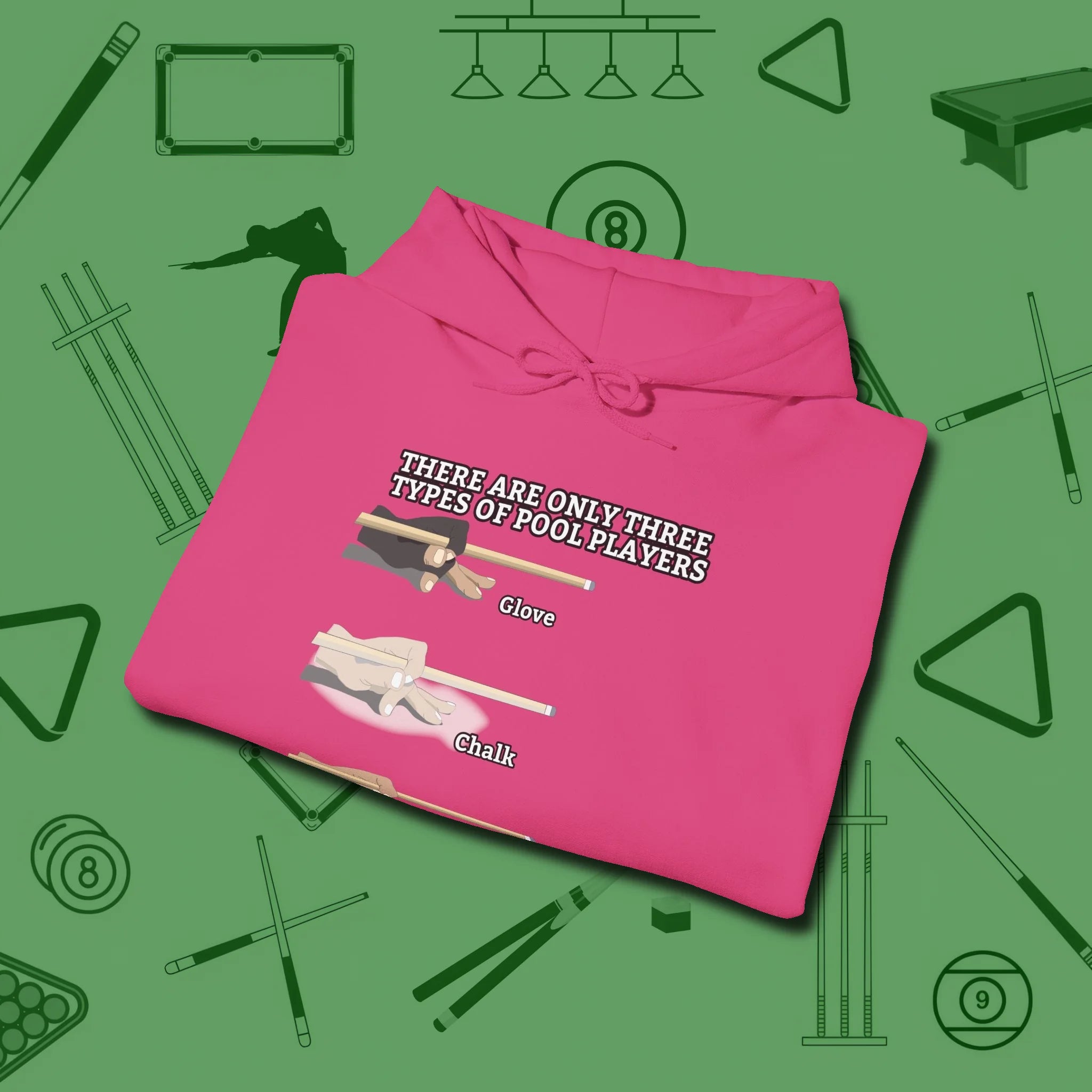 Three Types of Hoodie, folded view, in Heliconia designed for dead stroke and deadpan looks