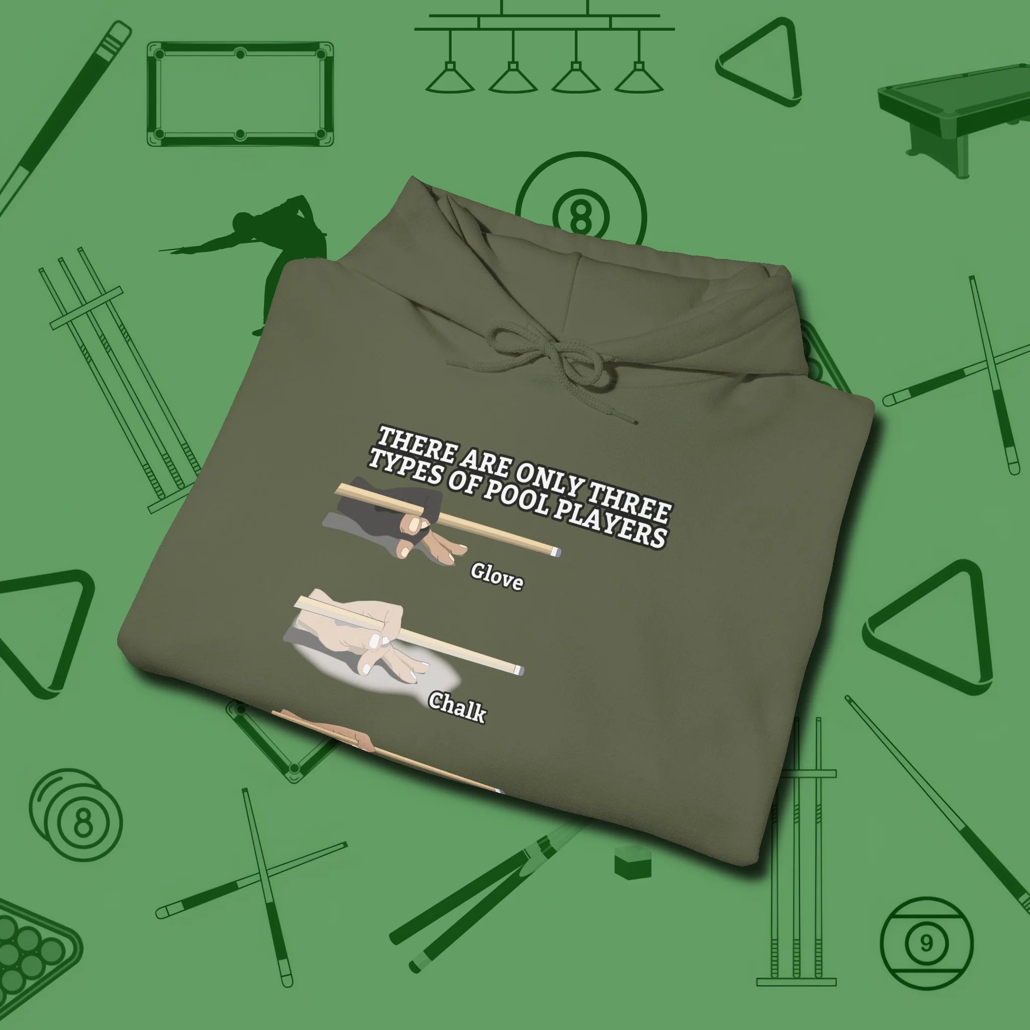 Three Types of Hoodie, folded view, in Military Green perfect for players with quiet fire