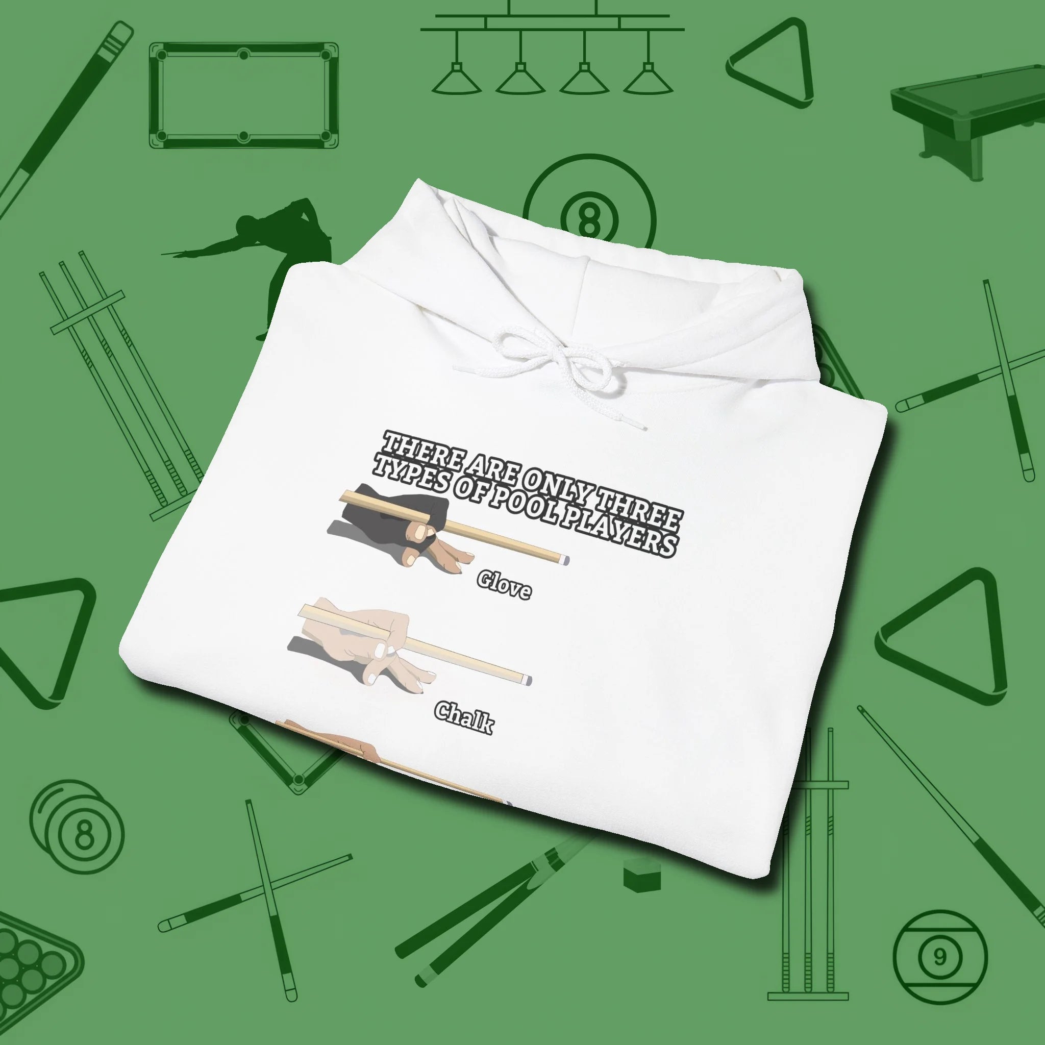 Three Types of Hoodie, folded view, in White cool enough for a corner pocket finish