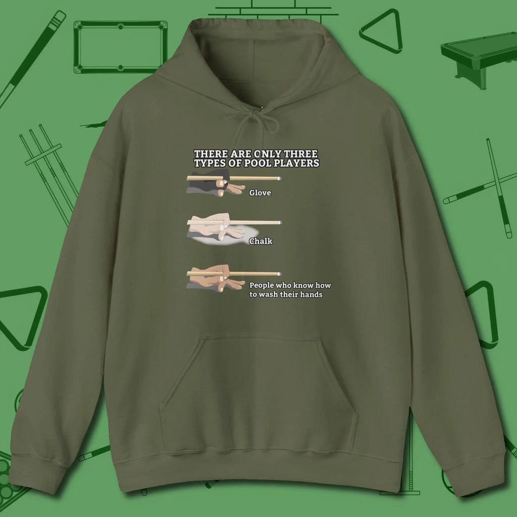 Three Types of Hoodie, front view, in Military Green for shooters who dress like they play: sharp