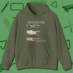 Three Types of Hoodie, front view, in Military Green for shooters who dress like they play: sharp