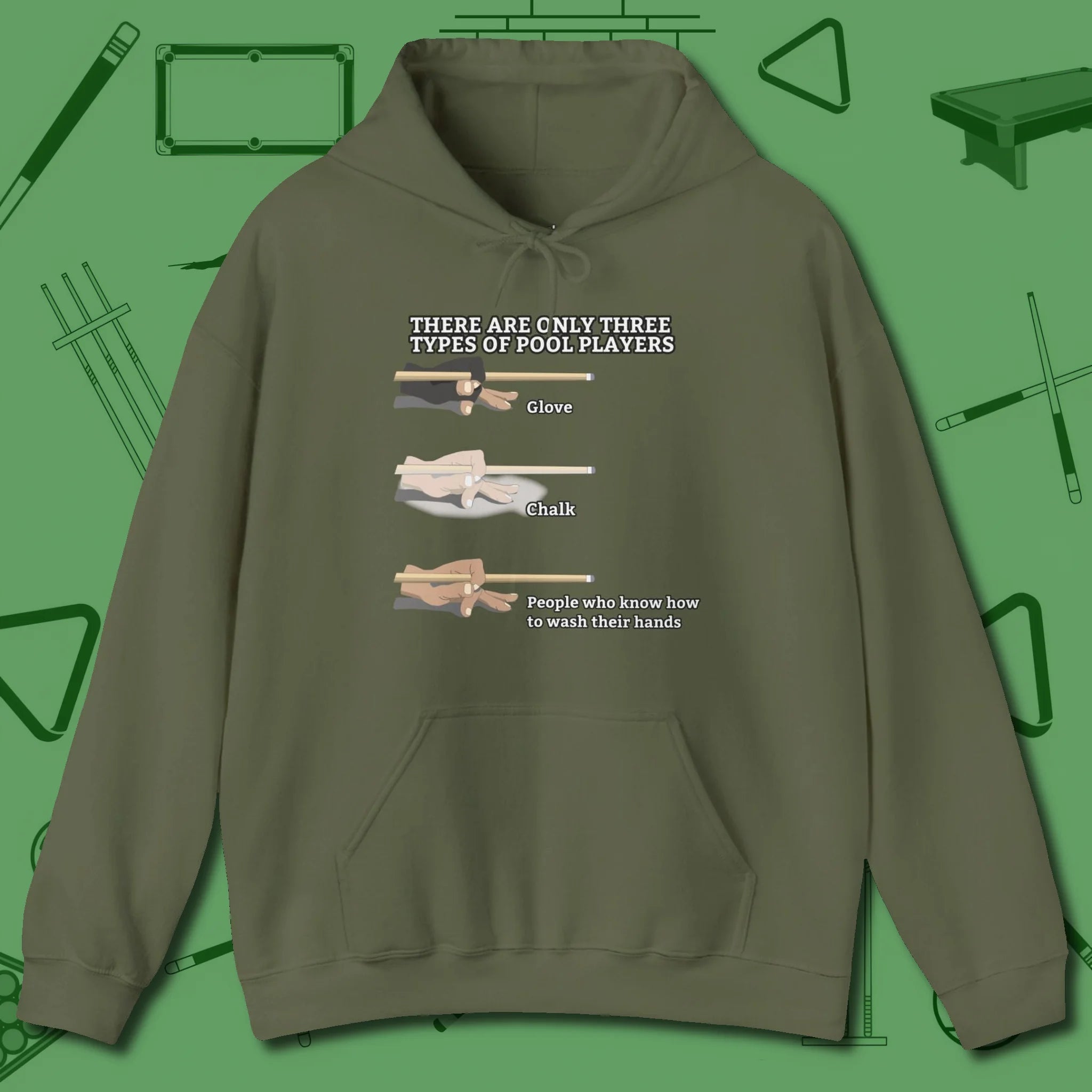 Three Types of Hoodie, front view, in Military Green for shooters who dress like they play: sharp