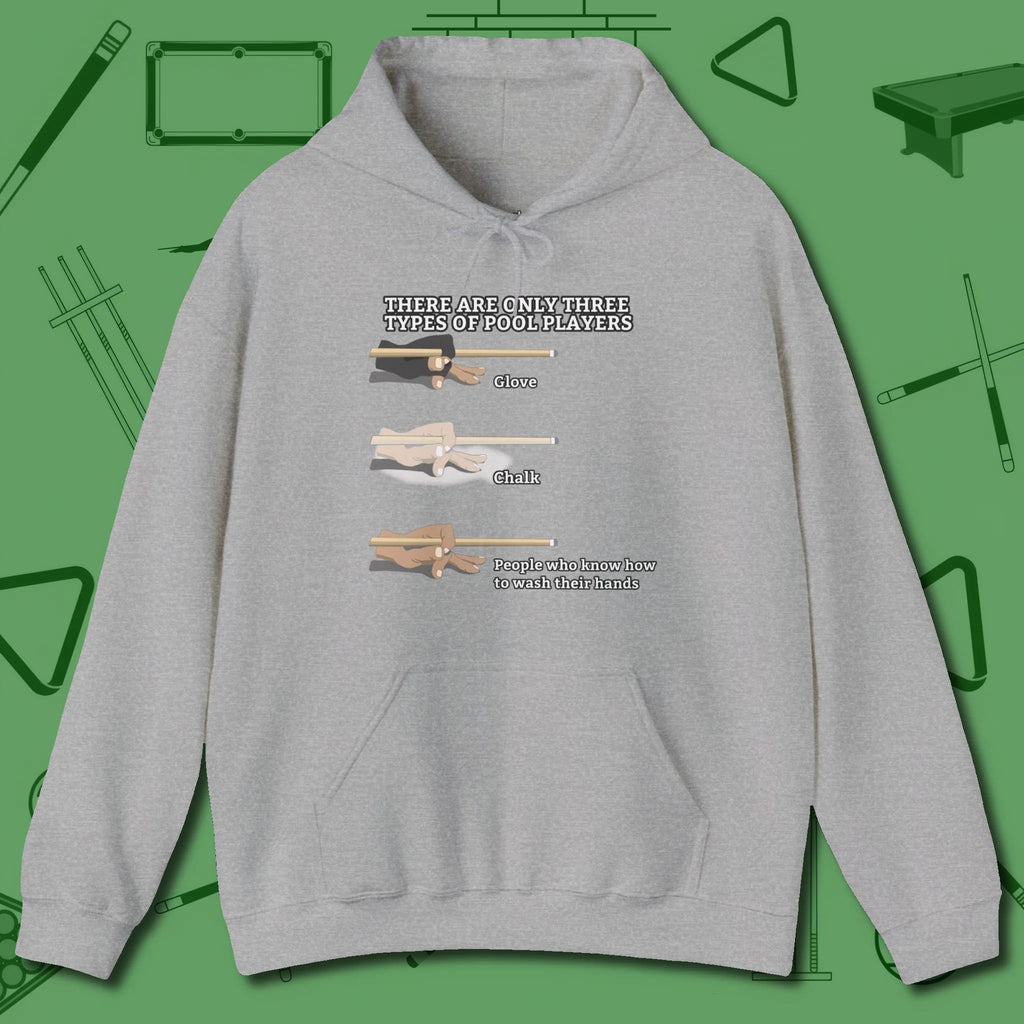 Three Types of Hoodie, front view, in Sport Grey cool enough for a corner pocket finish