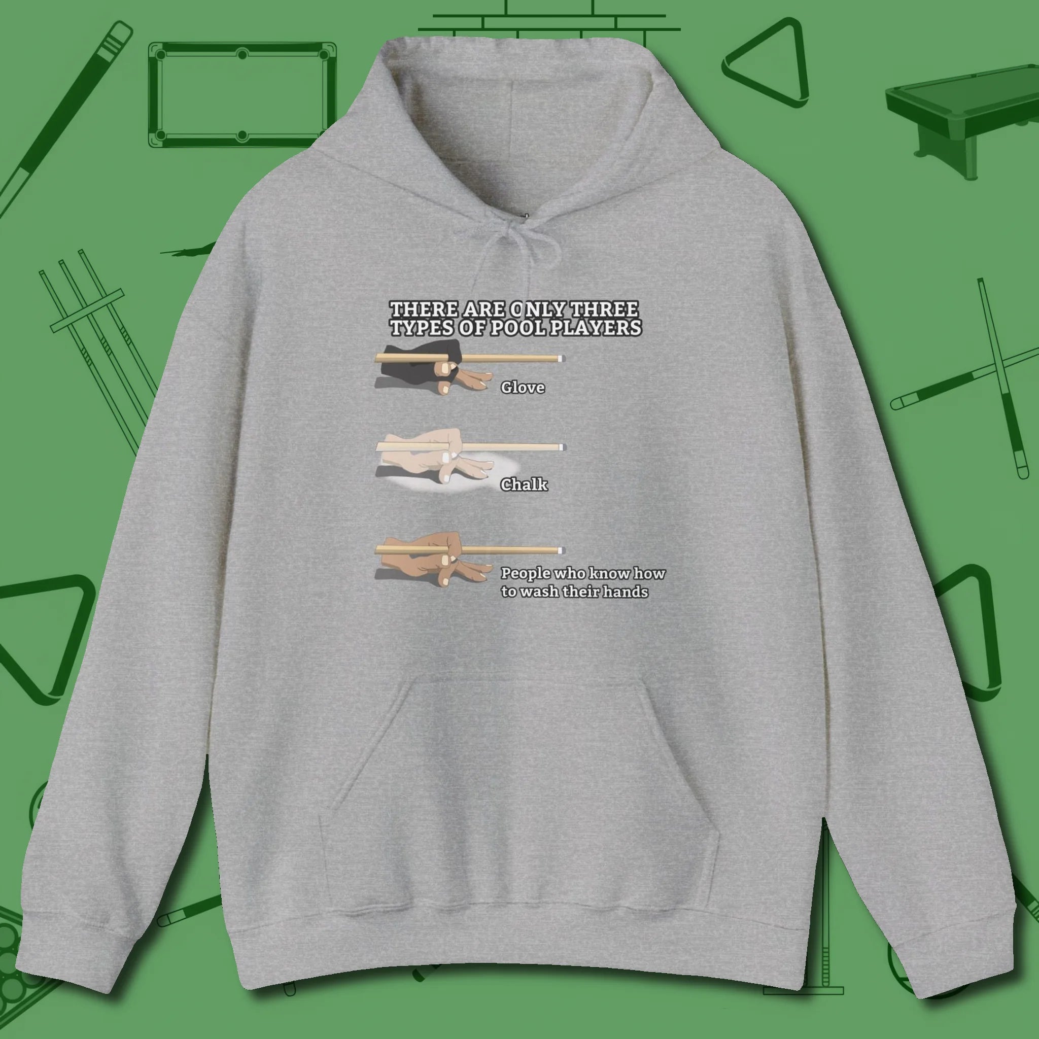 Three Types of Hoodie, front view, in Sport Grey cool enough for a corner pocket finish