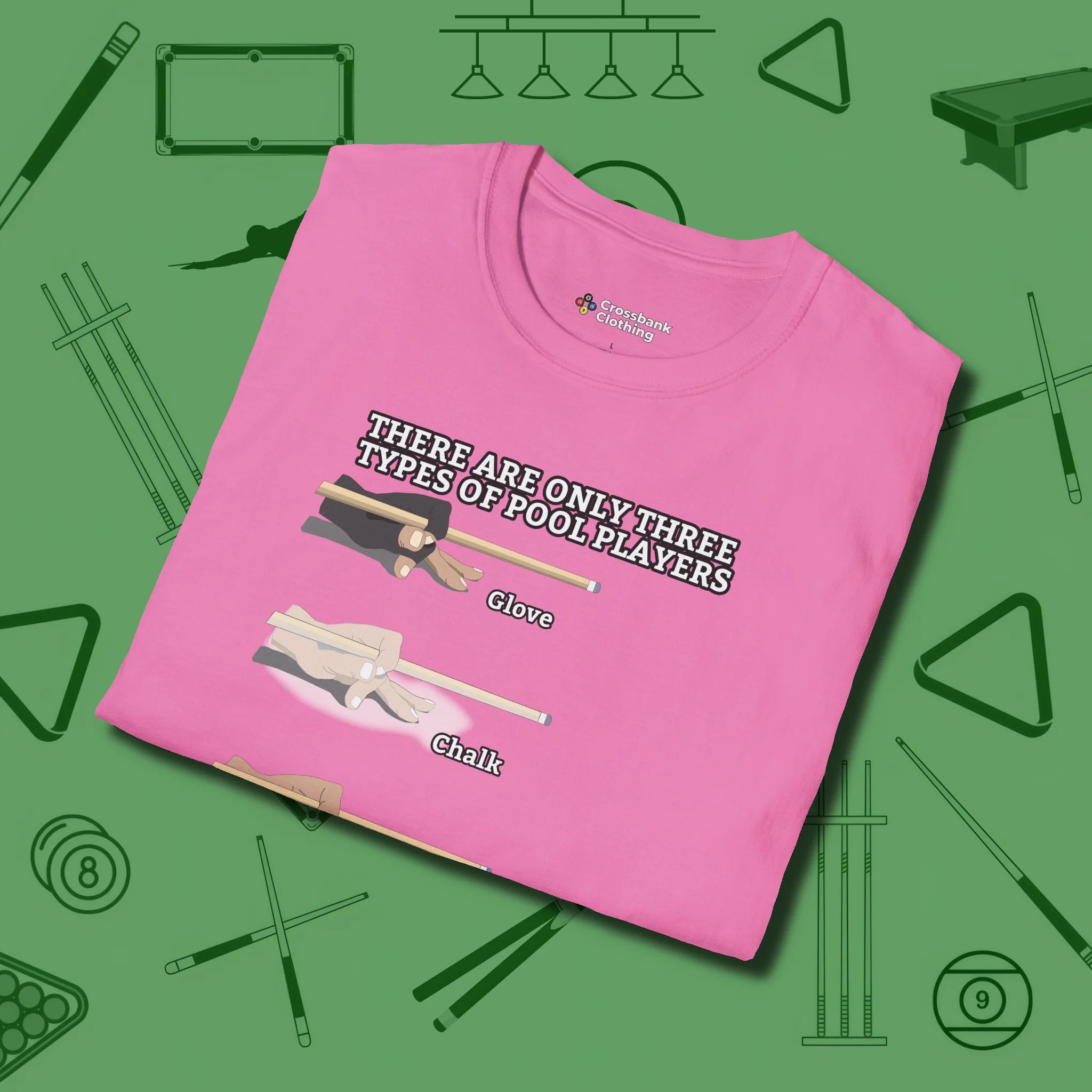 Three Types of T-Shirt, folded view, in Azalea clean lines for dirty minds