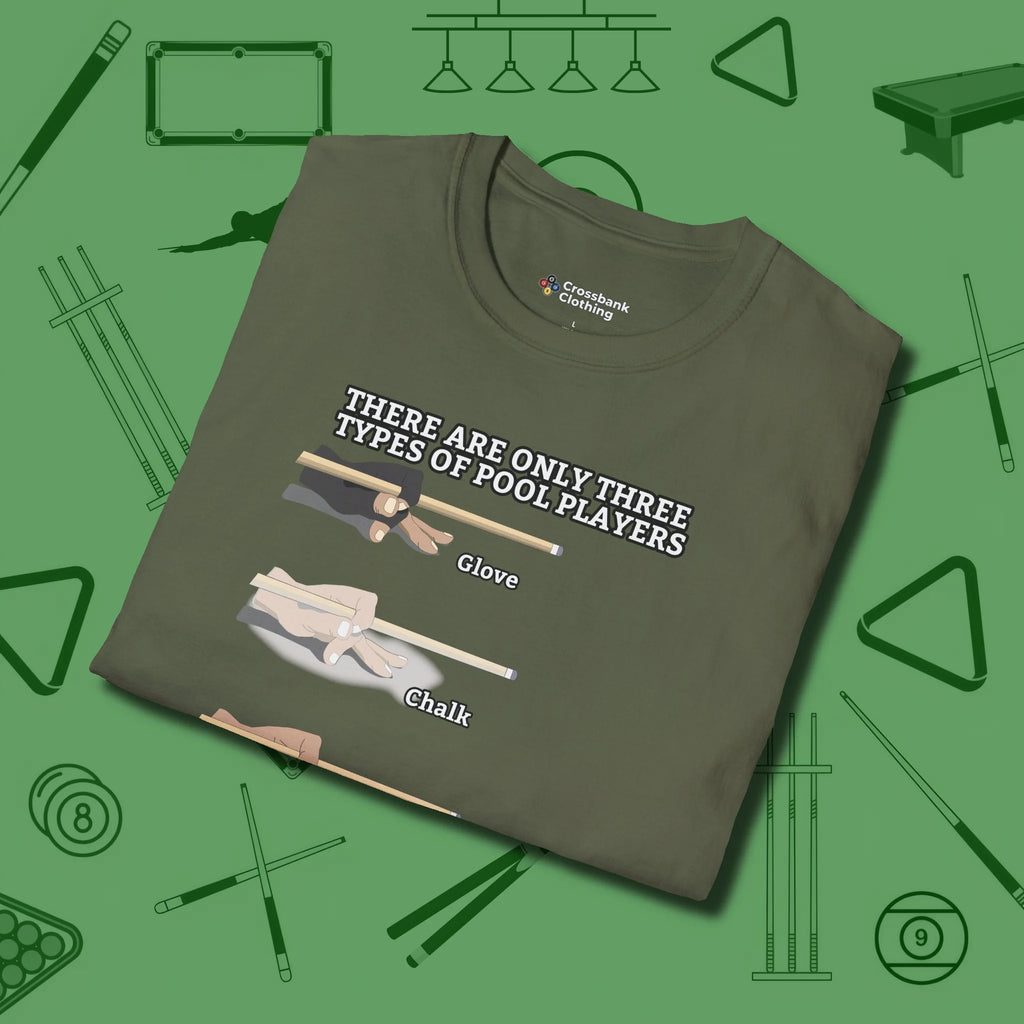 Three Types of T-Shirt, folded view, in Military Green for hustlers who keep it honest