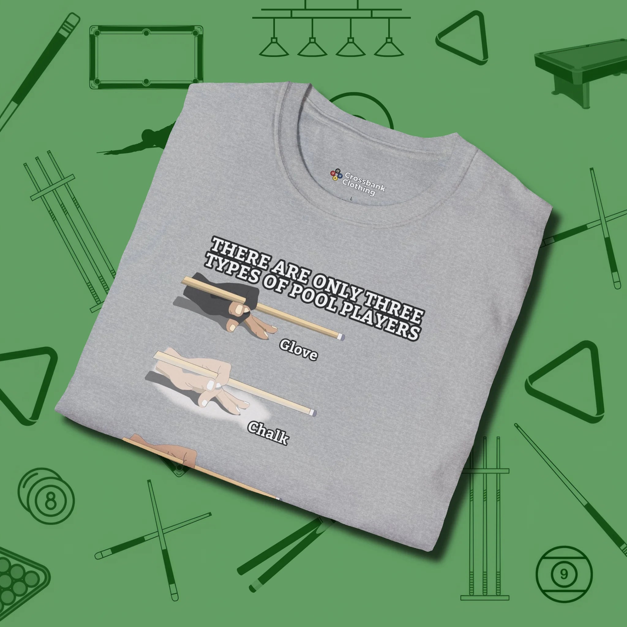 Three Types of T-Shirt, folded view, in Sport Grey not your average 8-ball graphic tee