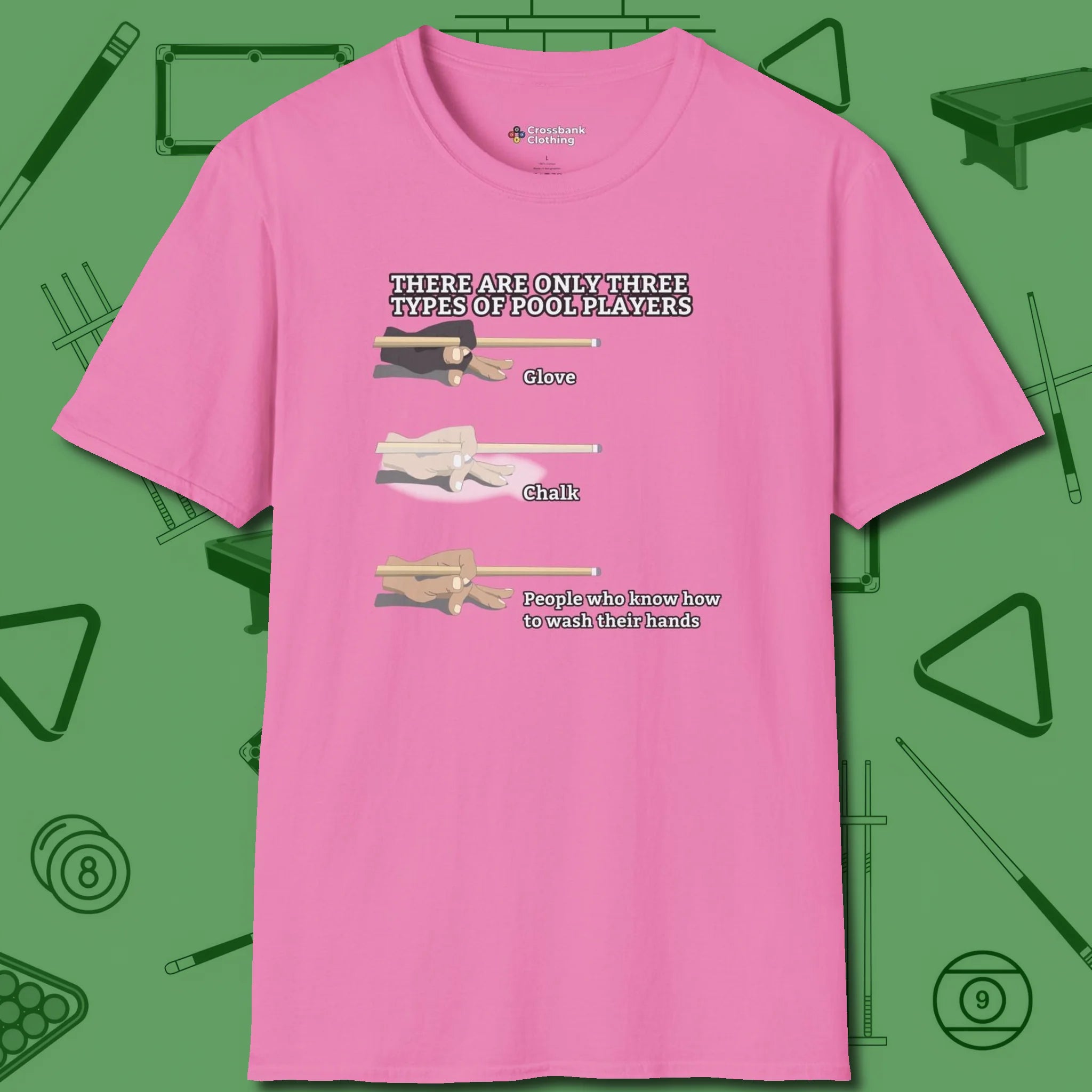 Three Types of T-Shirt, front view, in Azalea as serious as your stroke