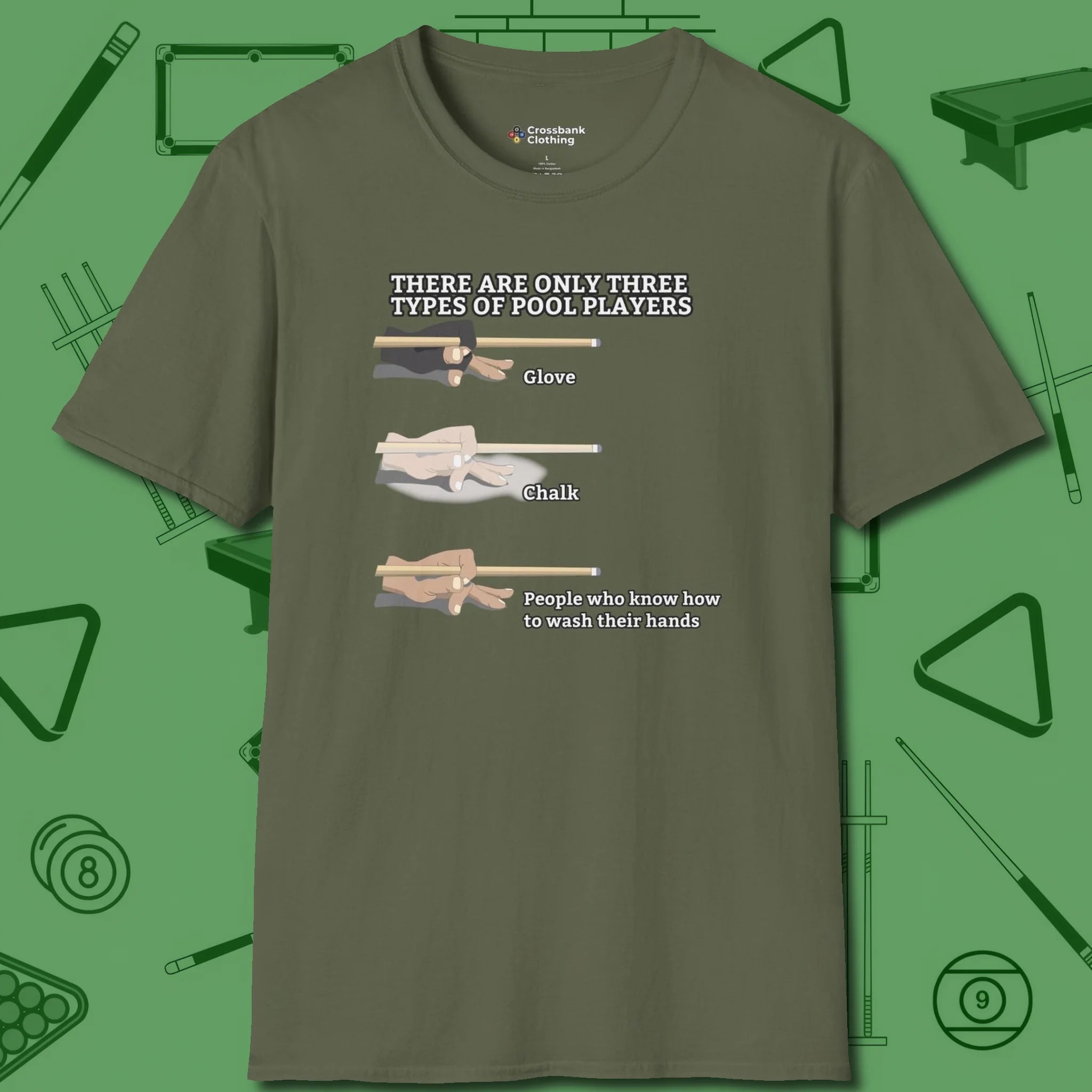 Three Types of T-Shirt, front view, in Military Green a clean fit for the dirtiest safeties