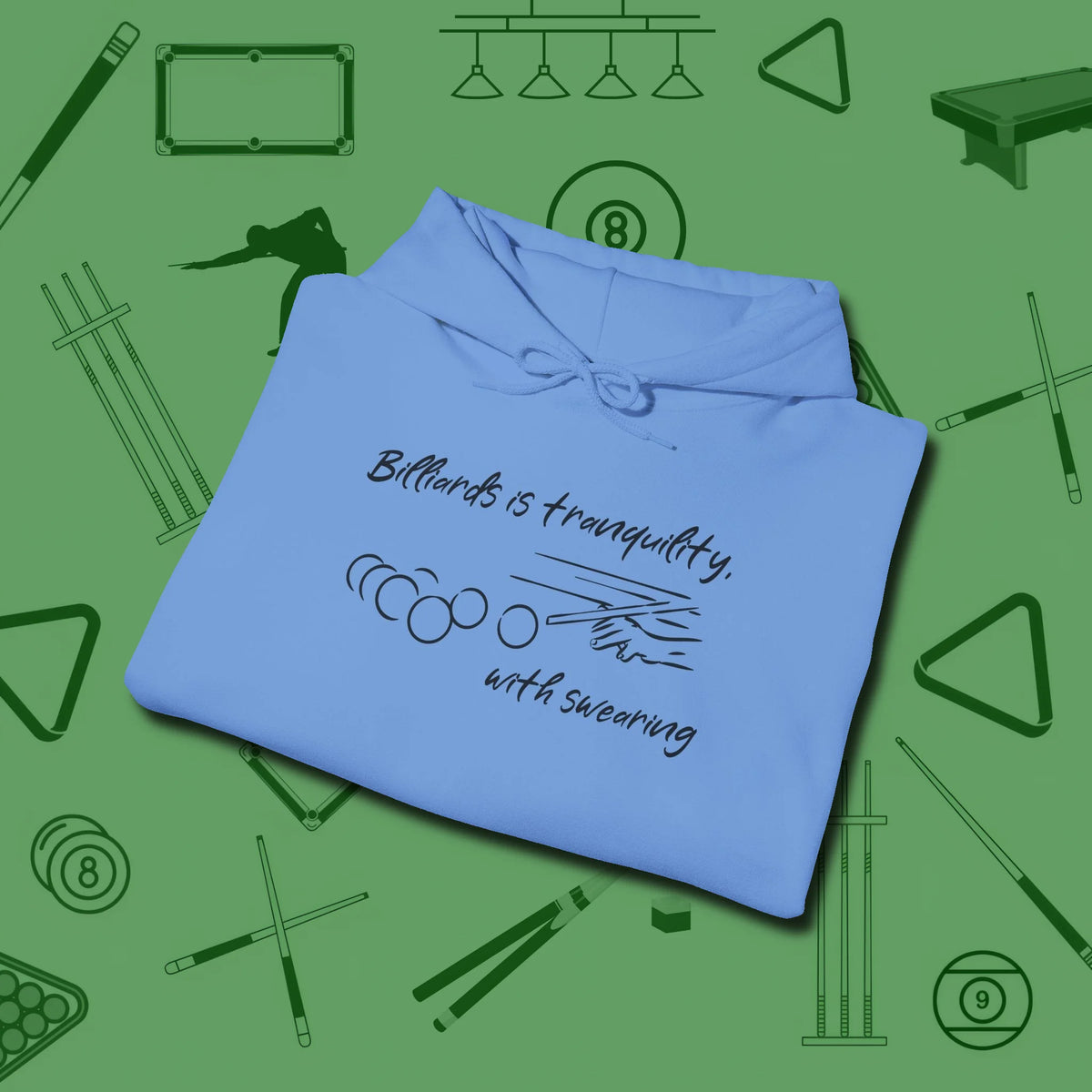 Tranquility With Swearing Hoodie, folded view, in Carolina Blue style that banks as hard as you do