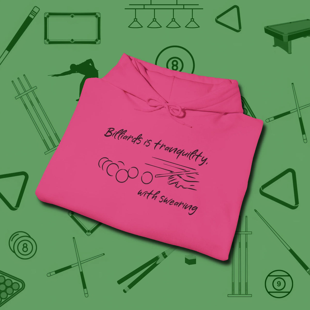 Tranquility With Swearing Hoodie, folded view, in Heliconia because you don’t just play — you represent