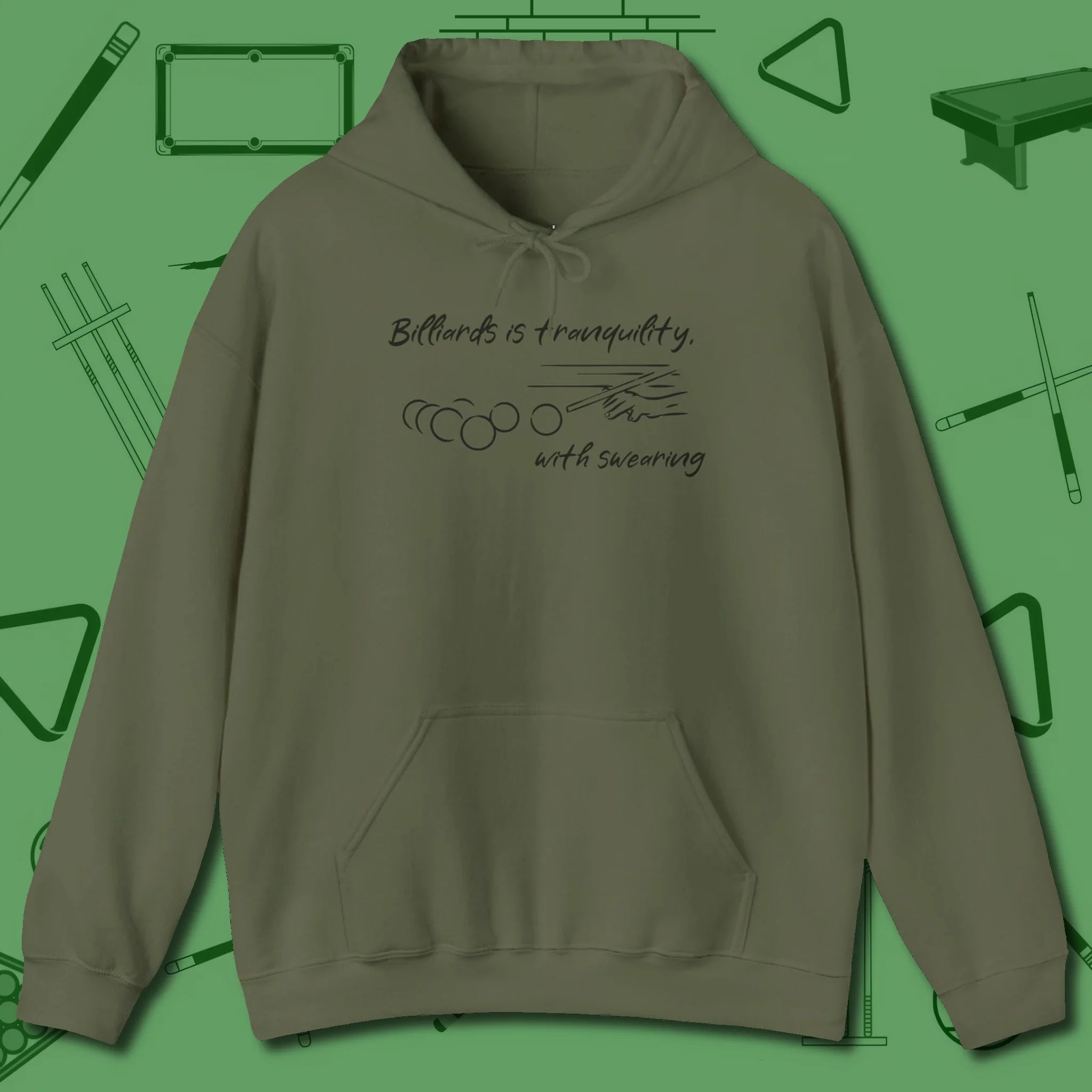Tranquility With Swearing Hoodie, front view, in Military Green confidence stitched in every seam
