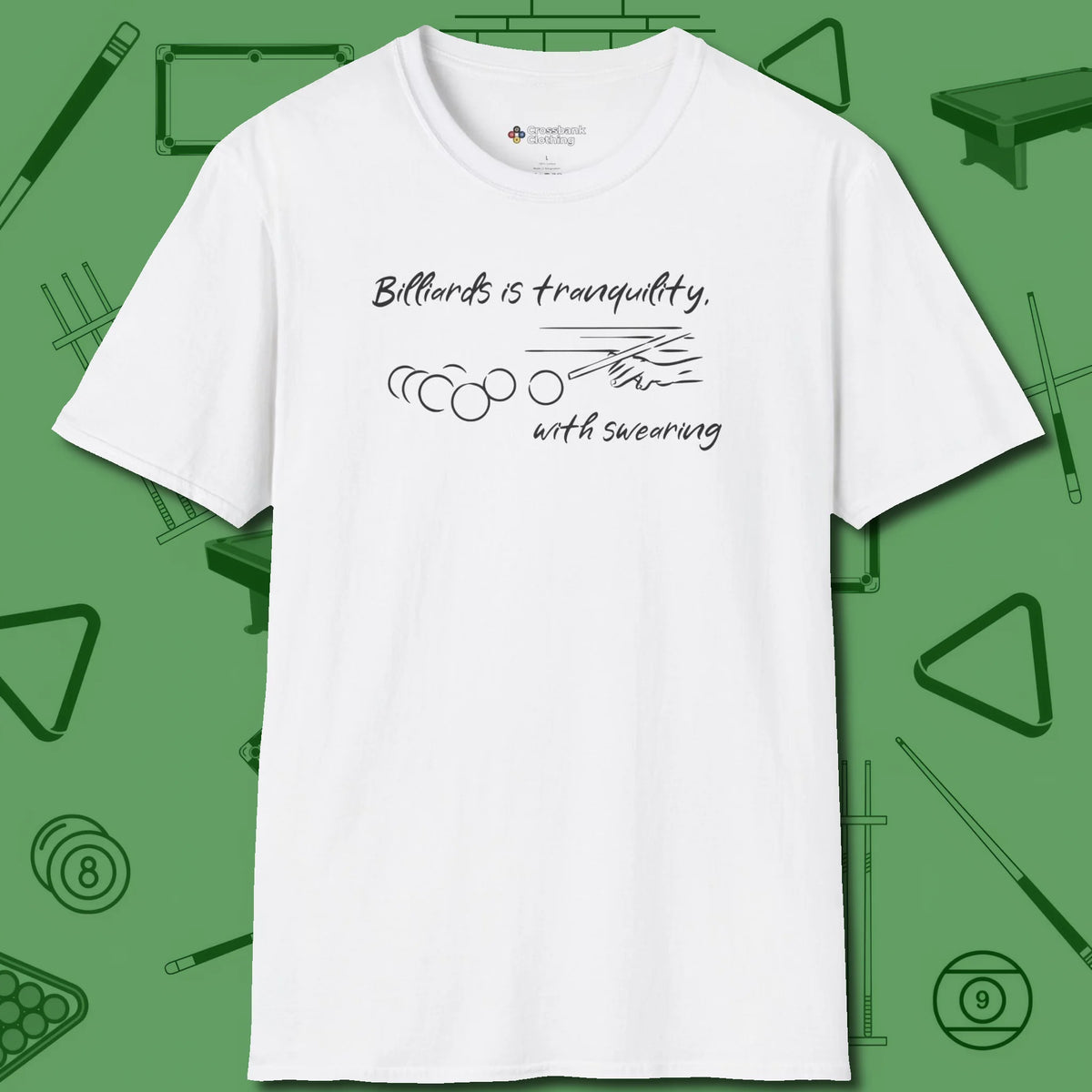 Tranquility With Swearing T-Shirt, front view, in White strike fear with swagger and precision