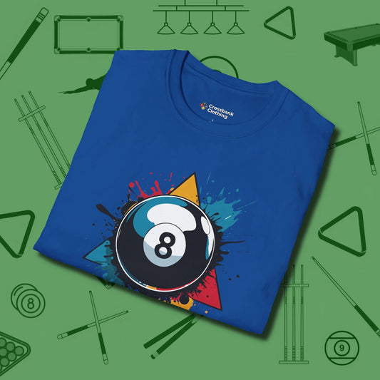 Tri-Color Strike 8 Ball T-Shirt, folded view, in Royal what champions wear between racks