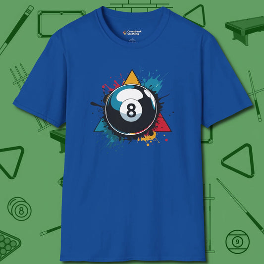 Tri-Color Strike 8 Ball T-Shirt, front view, in Royal the shirt that plays position
