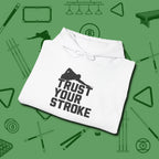 Trust Your Stroke Billiards Hoodie, folded view, in White for players who live the game