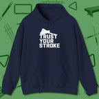 Trust Your Stroke Billiards Hoodie, front view, in Navy break, run out, turn heads — repeat