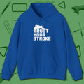 Trust Your Stroke Billiards Hoodie, front view, in Royal what the real shooters wear