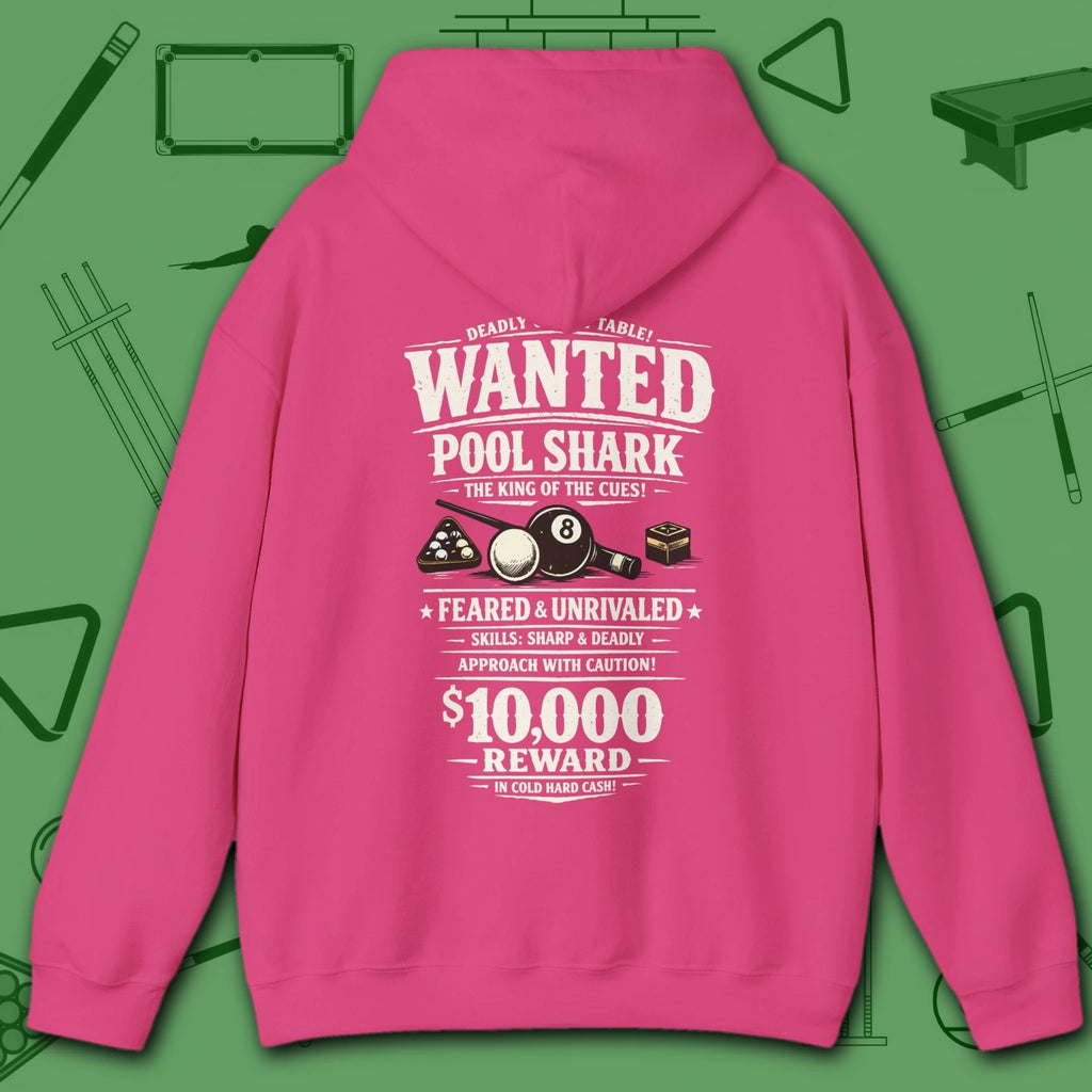 Wanted Pool Shark Hoodie, in Heliconia color, billiards hoodie, back view