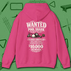 Wanted Pool Shark Hoodie, in Heliconia color, billiards hoodie, back view