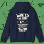 Wanted Pool Shark Hoodie, in Navy color, billiards hoodie, back view
