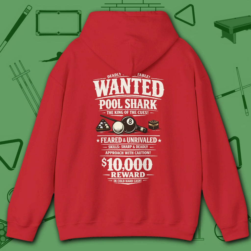 Wanted Pool Shark Hoodie, in Red color, billiards hoodie, back view