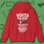 Wanted Pool Shark Hoodie, in Red color, billiards hoodie, back view