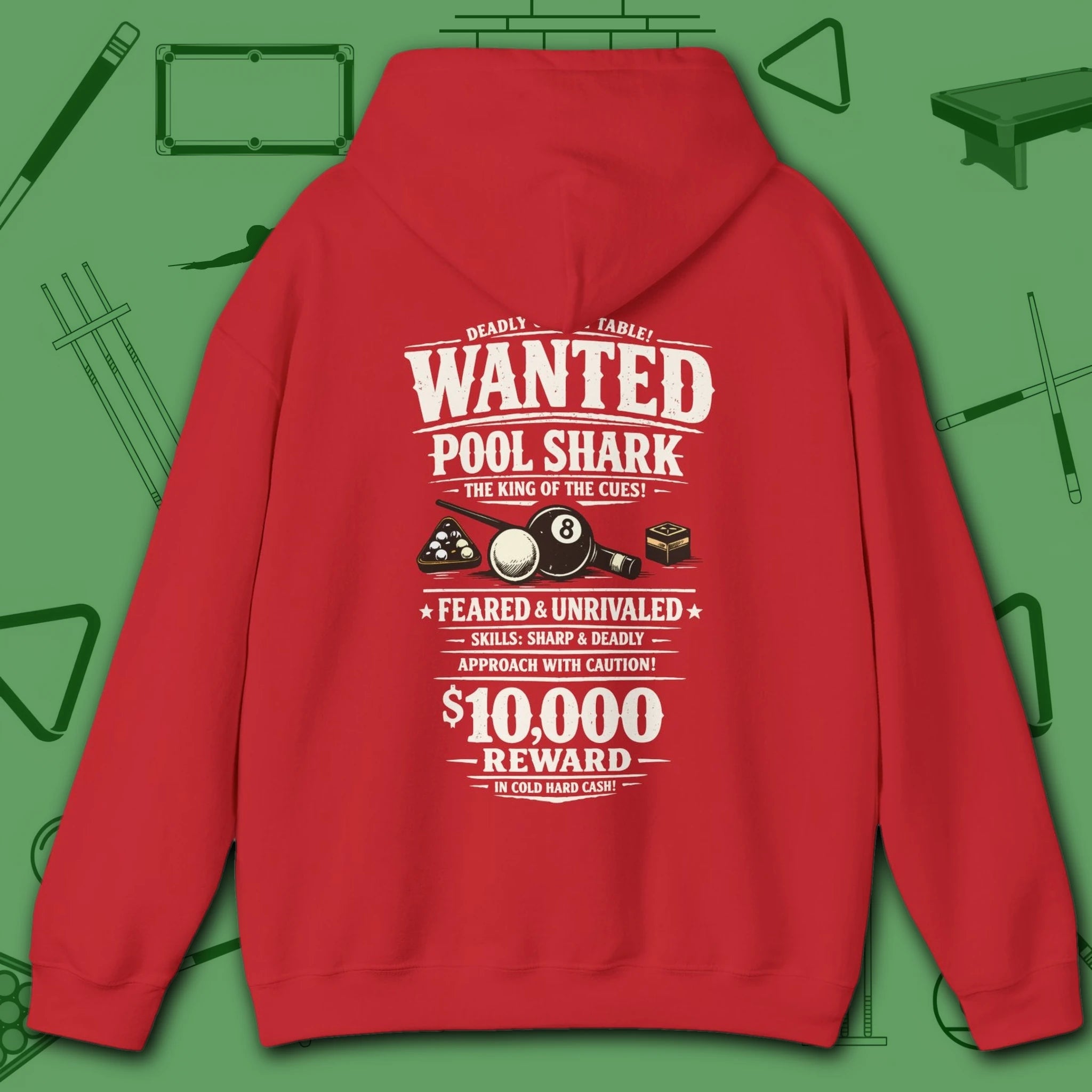 Wanted Pool Shark Hoodie, in Red color, billiards hoodie, back view