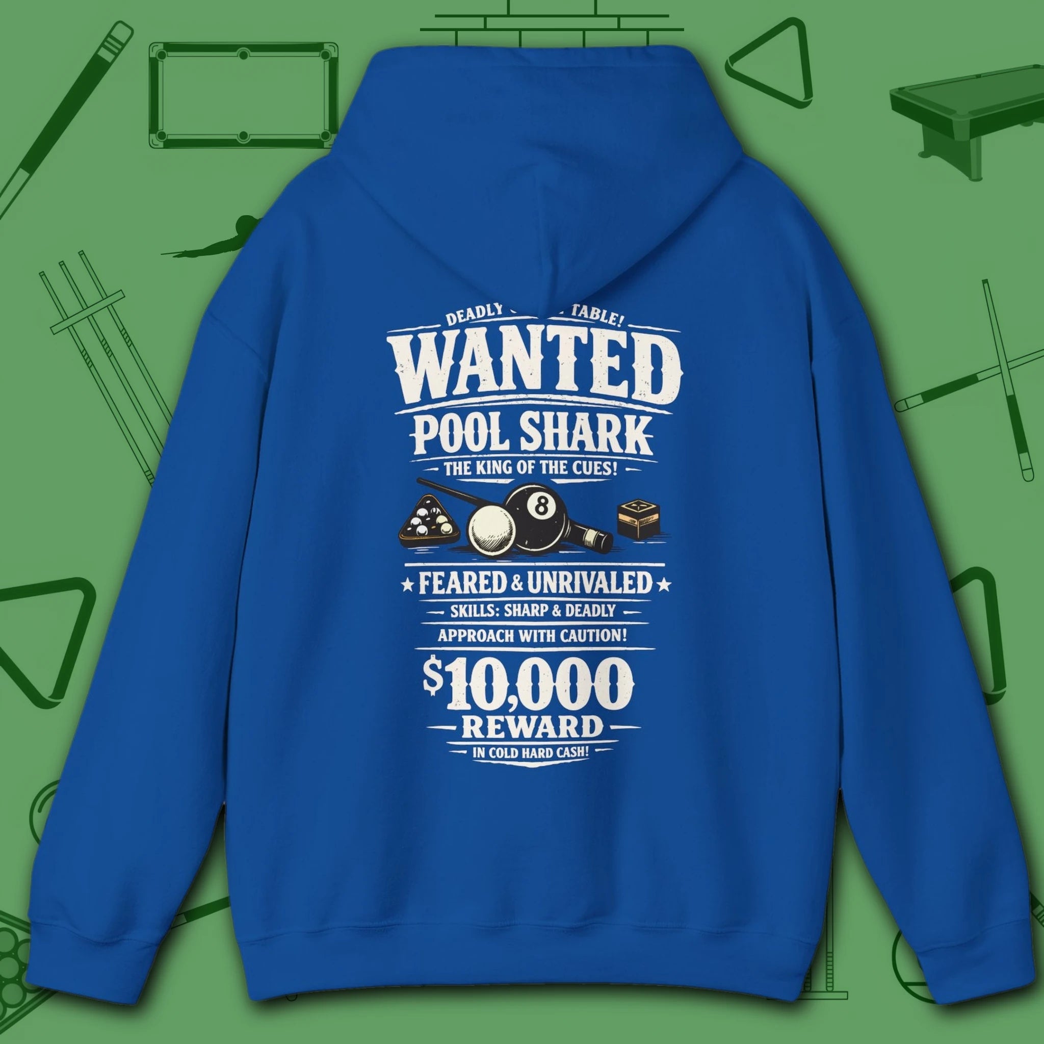 Wanted Pool Shark Hoodie, in Royal color, billiards hoodie, back view