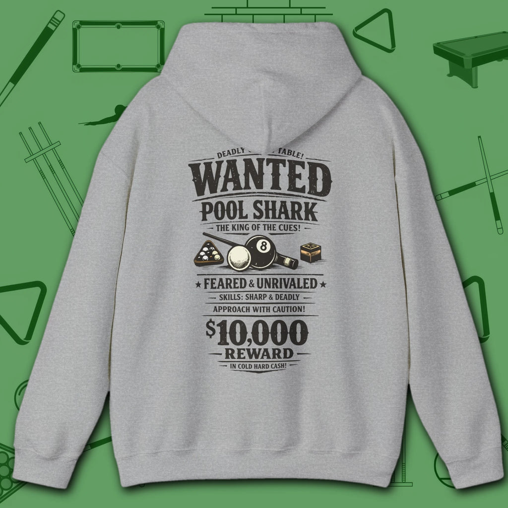 Wanted Pool Shark Hoodie, in Sport Grey color, billiards hoodie, back view
