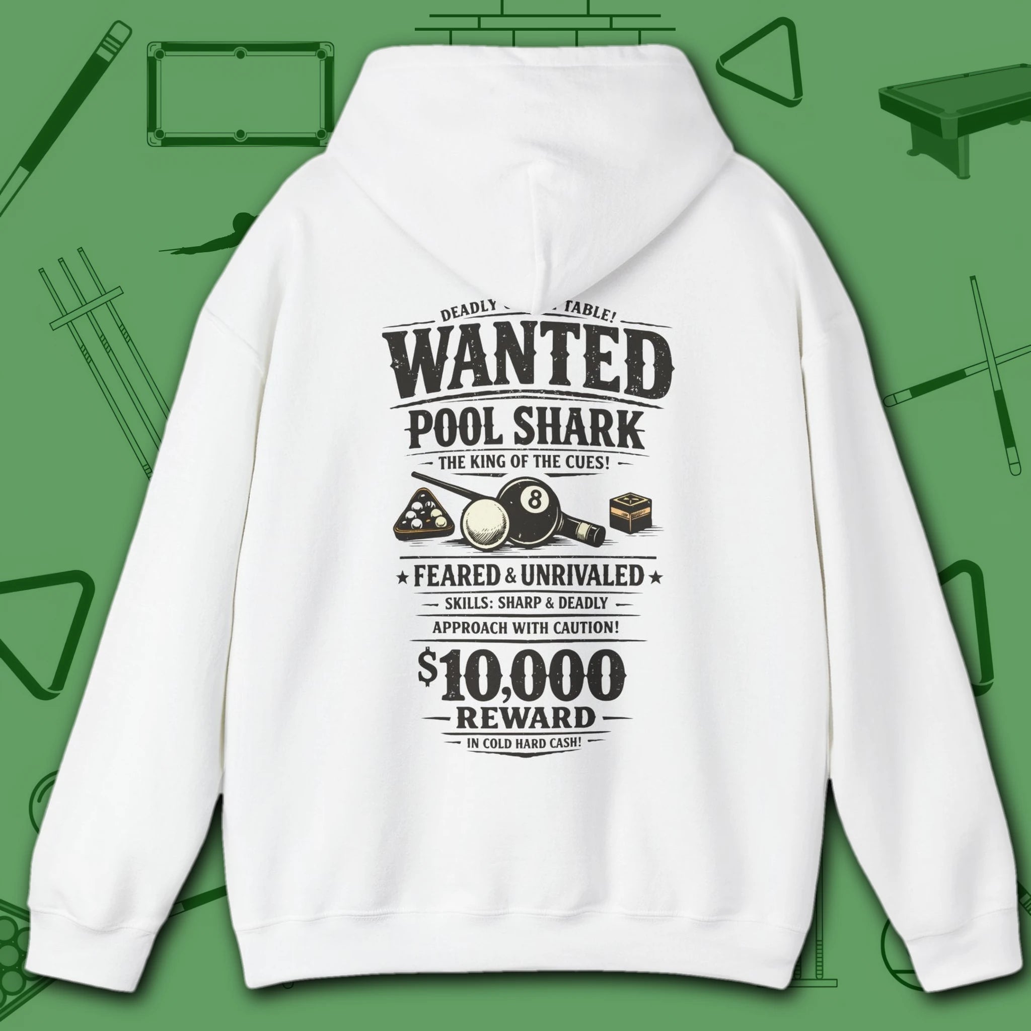 Wanted Pool Shark Hoodie, in White color, billiards hoodie, back view