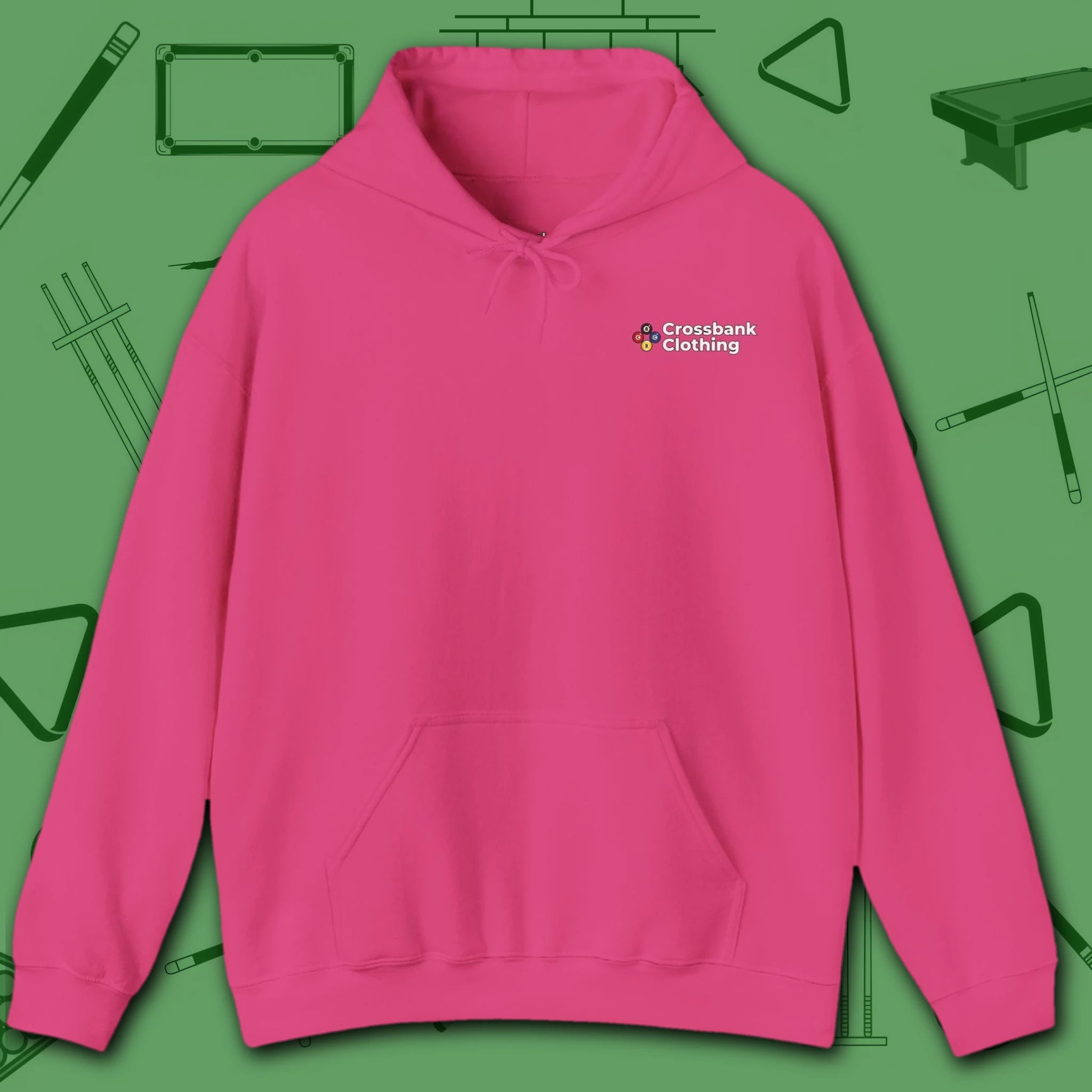 Wanted Pool Shark Hoodie, in Heliconia color, billiards hoodie, front view