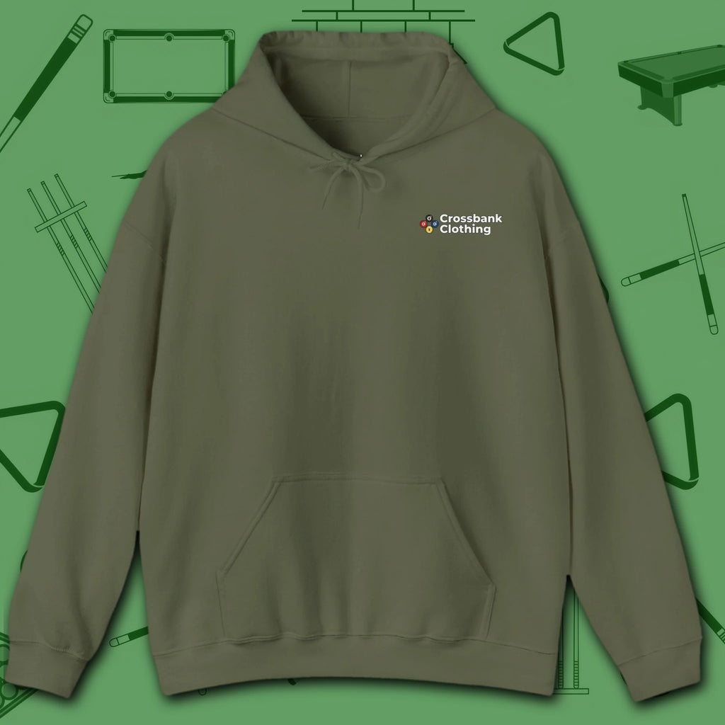 Wanted Pool Shark Hoodie, in Military Green color, billiards hoodie, front view