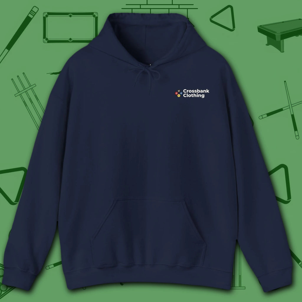 Wanted Pool Shark Hoodie, in Navy color, billiards hoodie, front view