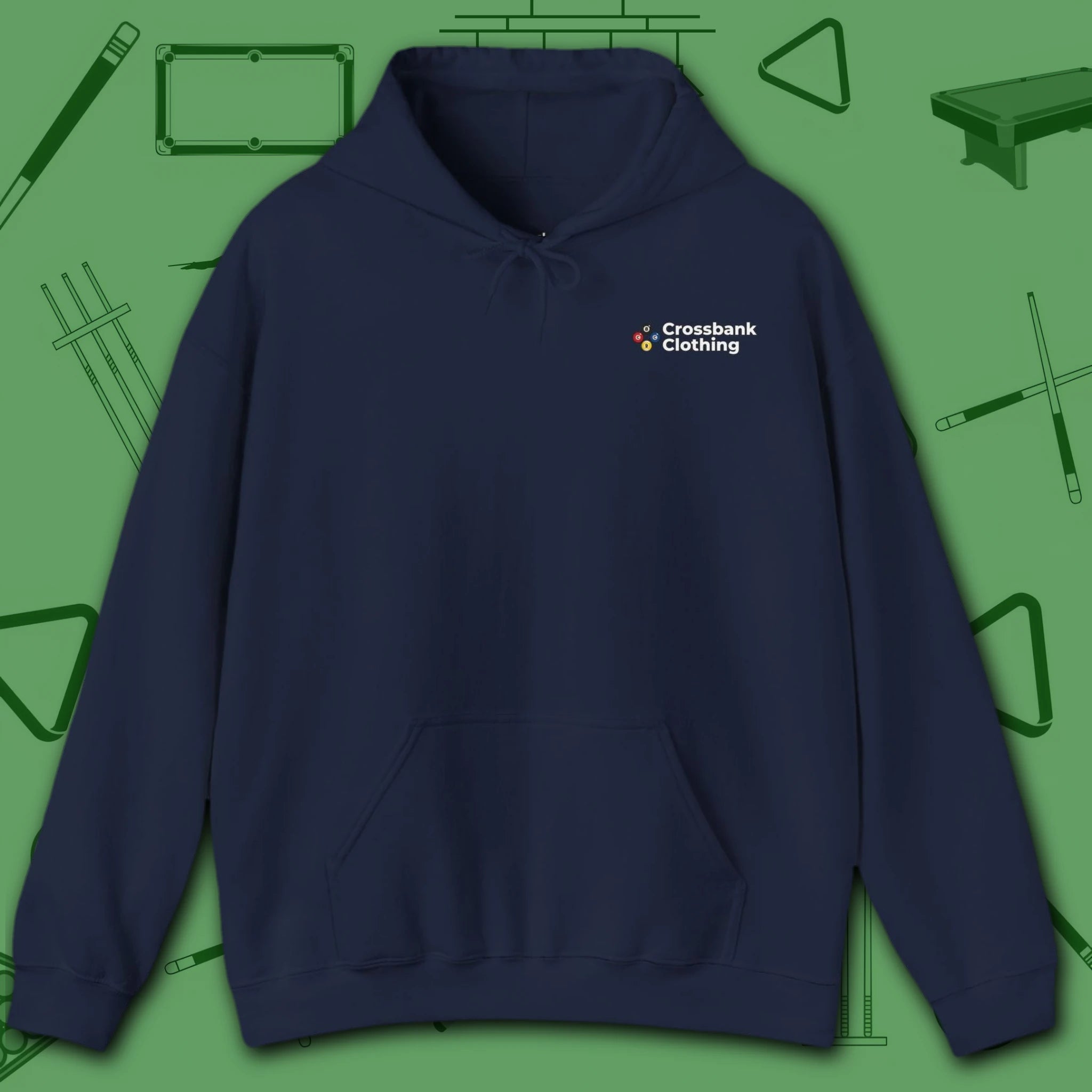 Wanted Pool Shark Hoodie, in Navy color, billiards hoodie, front view
