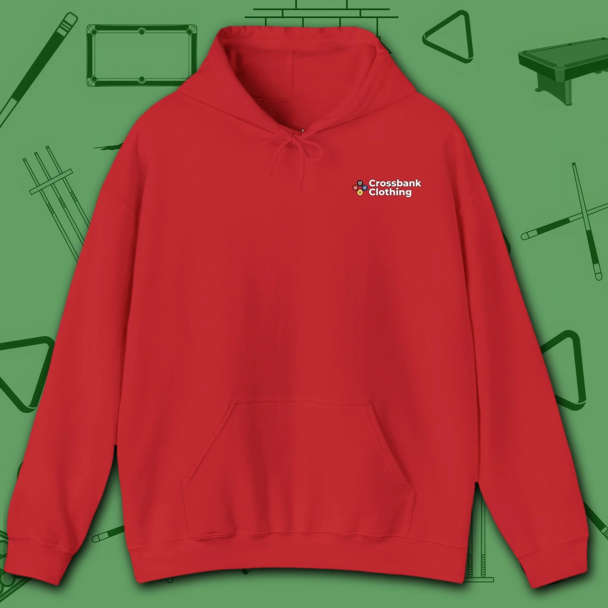 Wanted Pool Shark Hoodie, in Red color, billiards hoodie, front view