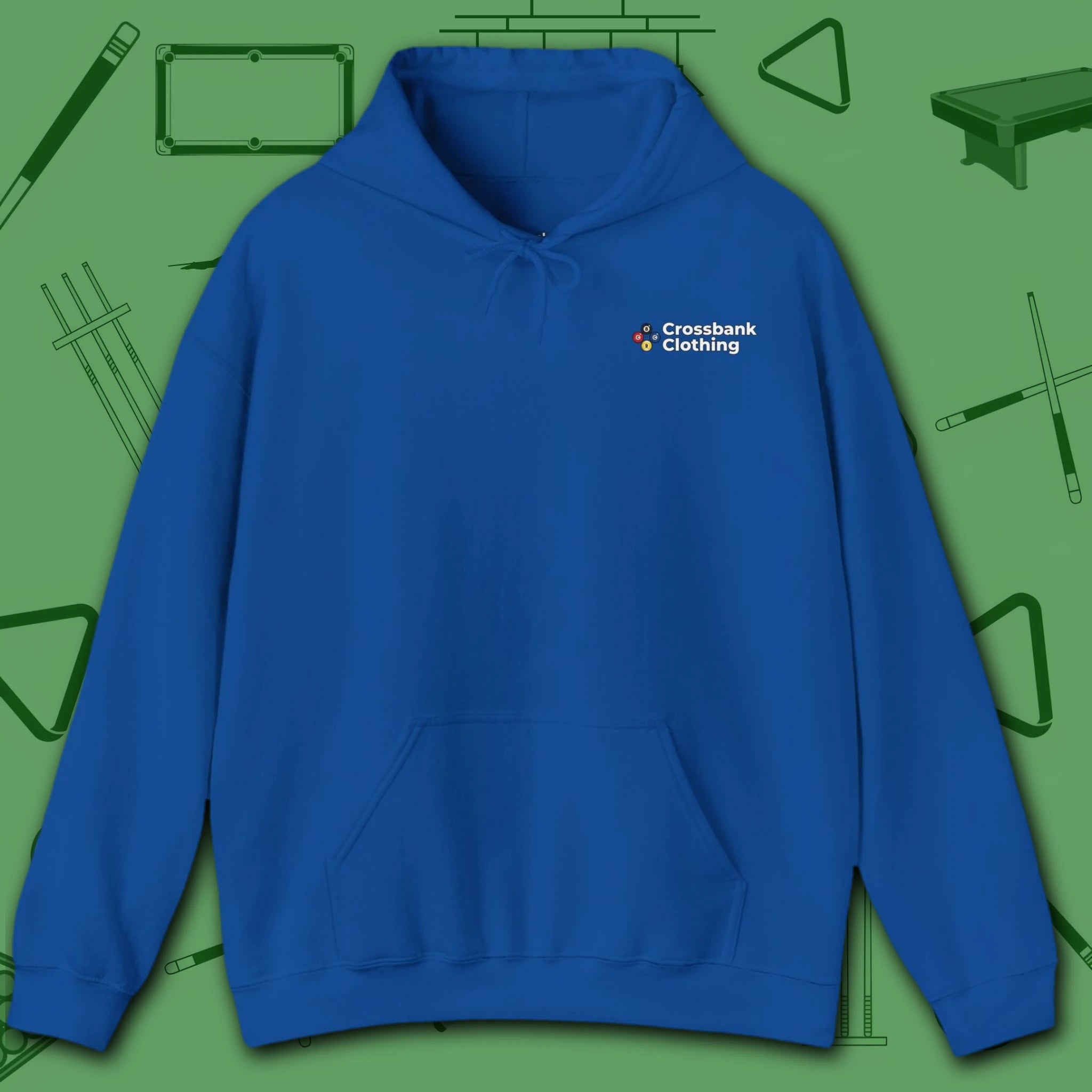 Wanted Pool Shark Hoodie, in Royal color, billiards hoodie, front view