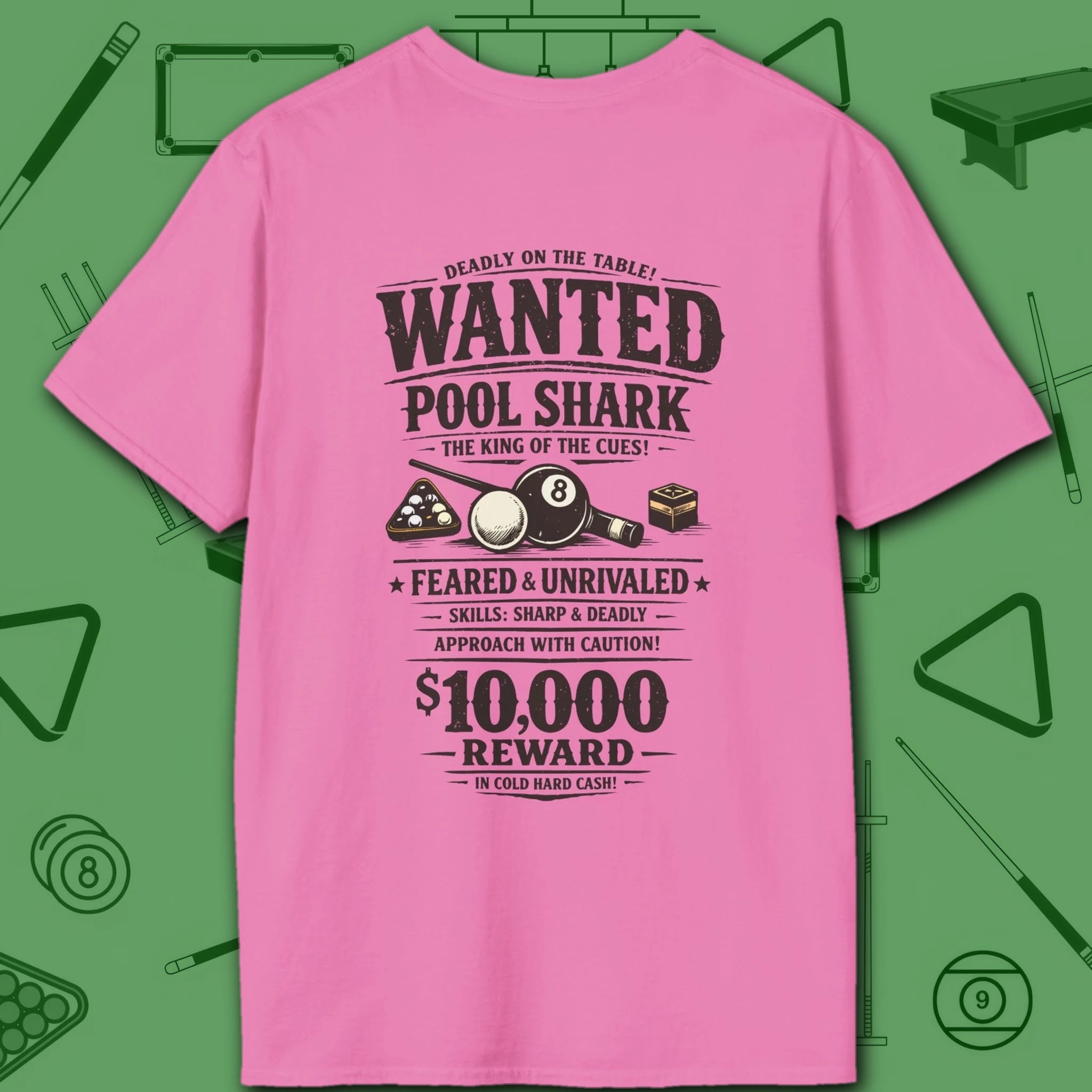 Wanted Pool Shark T-Shirt, in Azalea color, billiards shirt, back view
