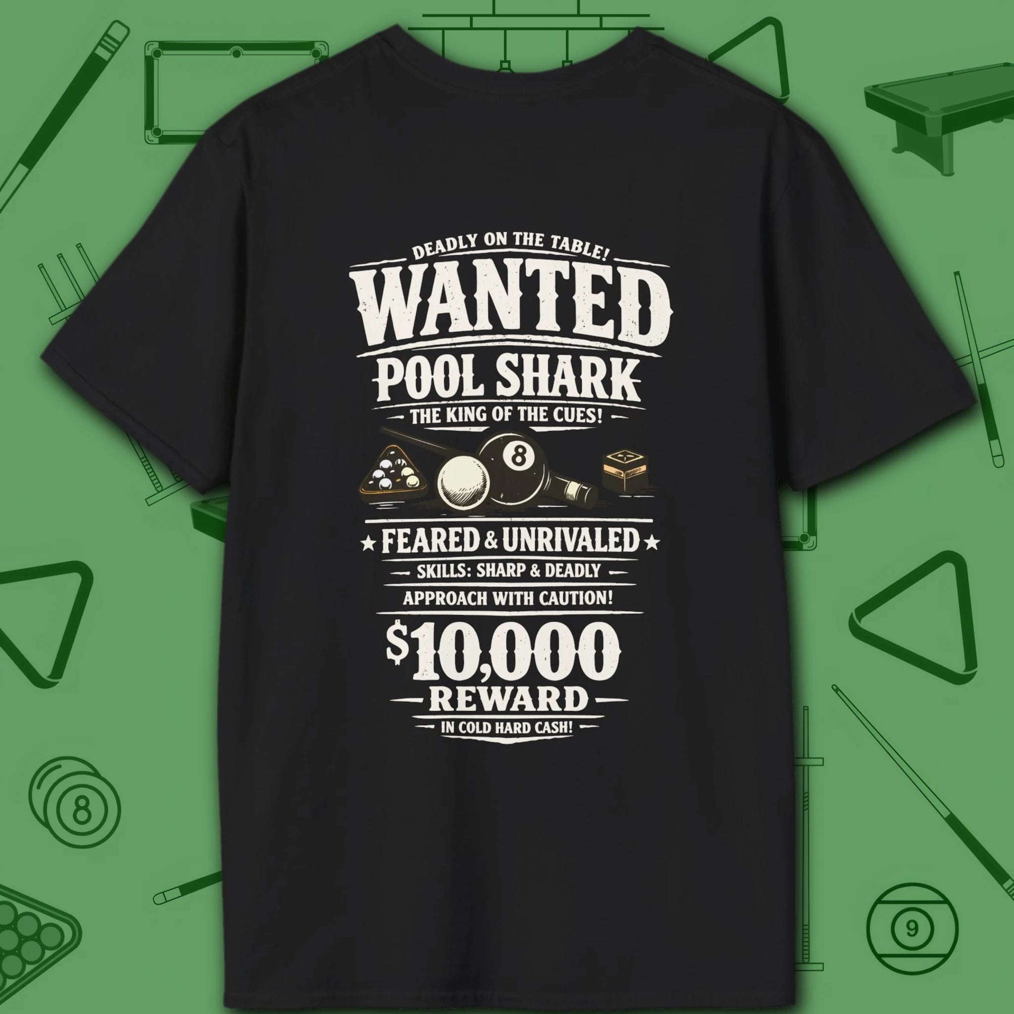 Wanted Pool Shark T-Shirt, in Black color, billiards shirt, back view