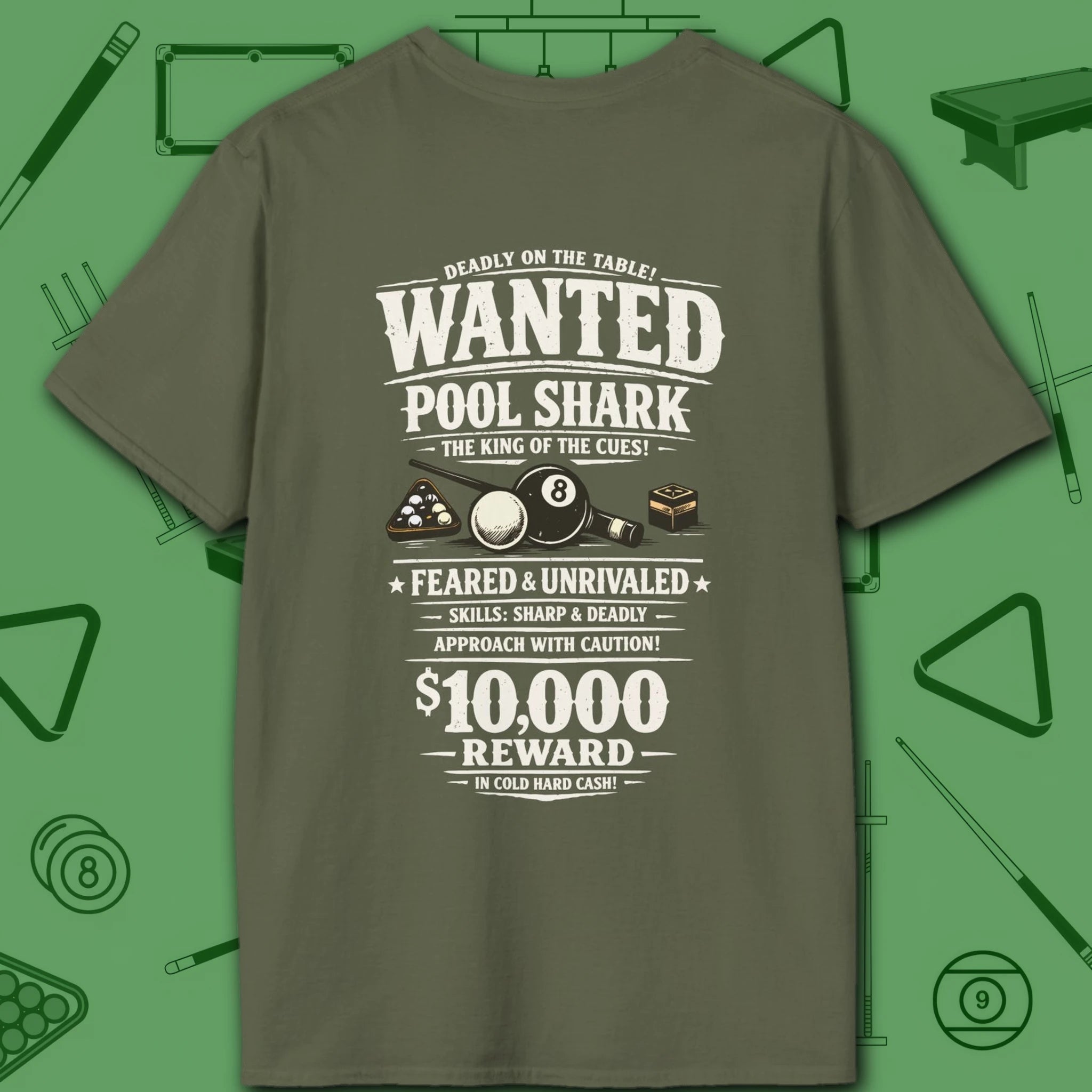 Wanted Pool Shark T-Shirt, in Military Green color, billiards shirt, back view