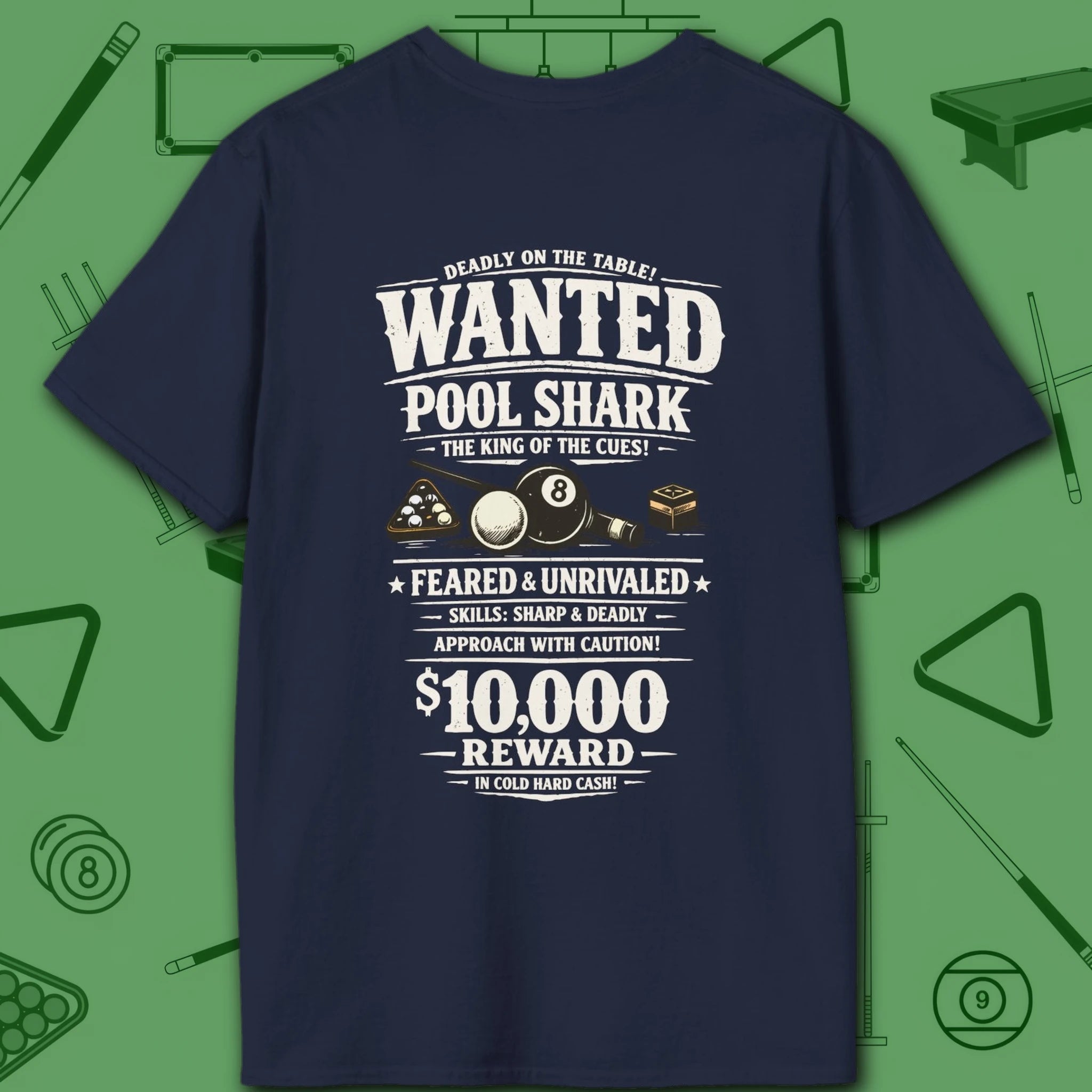 Wanted Pool Shark T-Shirt, in Navy color, billiards shirt, back view