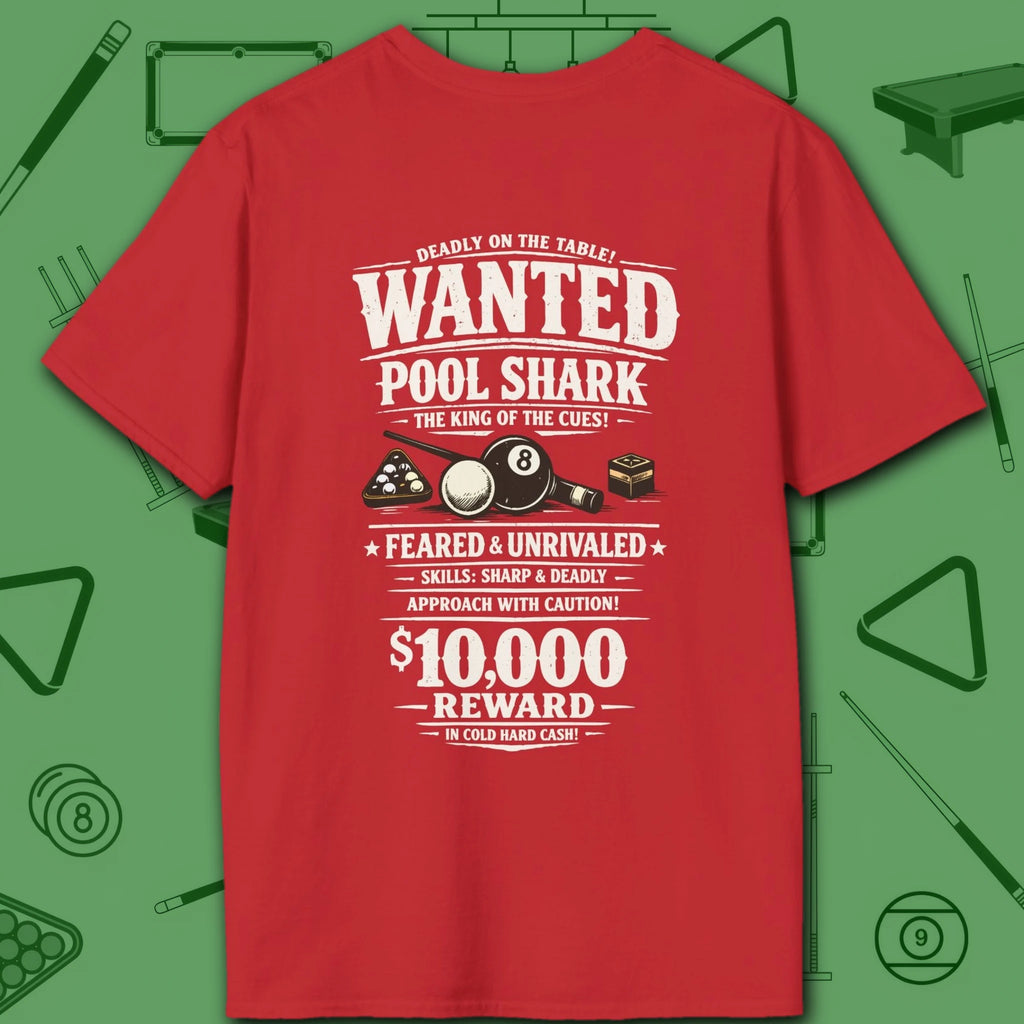 Wanted Pool Shark T-Shirt, in Red color, billiards shirt, back view