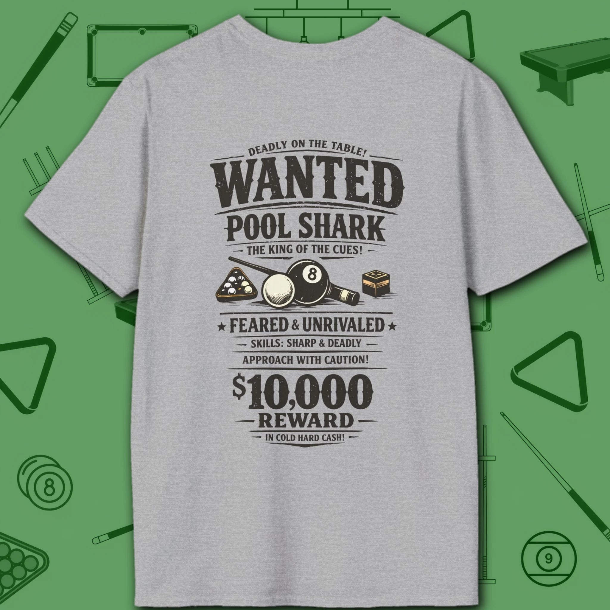 Wanted Pool Shark T-Shirt, in Sport Grey color, billiards shirt, back view