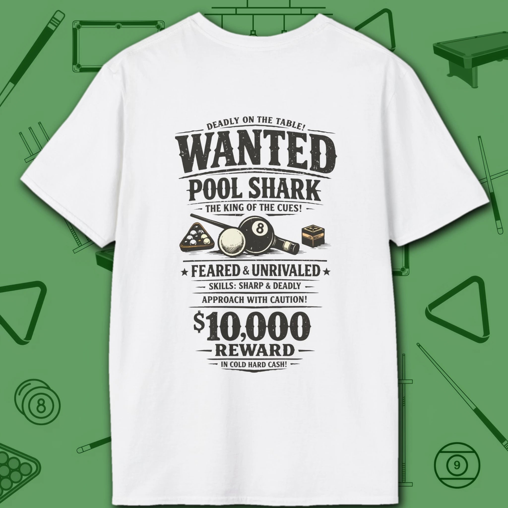 Wanted Pool Shark T-Shirt, in White color, billiards shirt, back view
