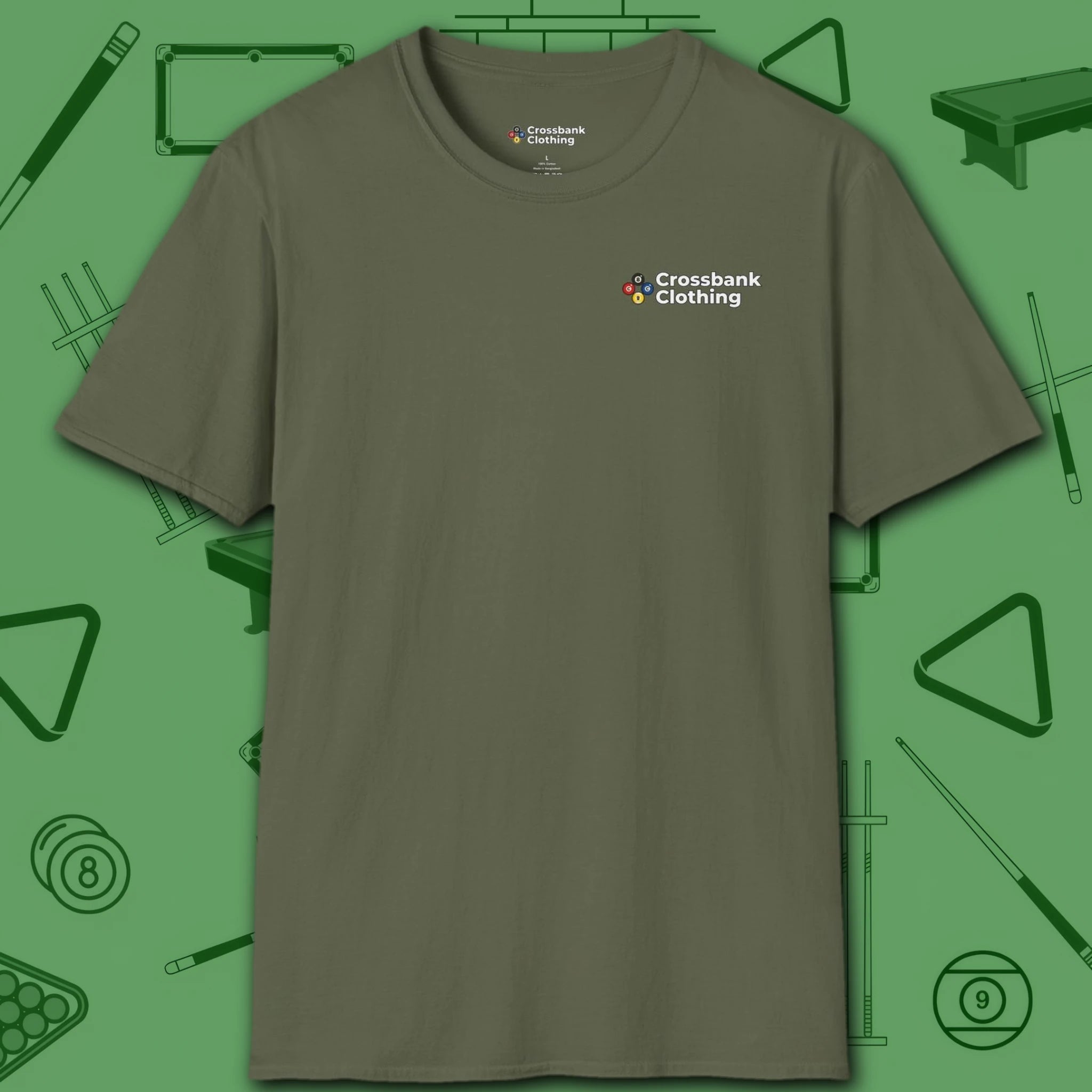 Wanted Pool Shark T-Shirt, in Military Green color, billiards shirt, front view