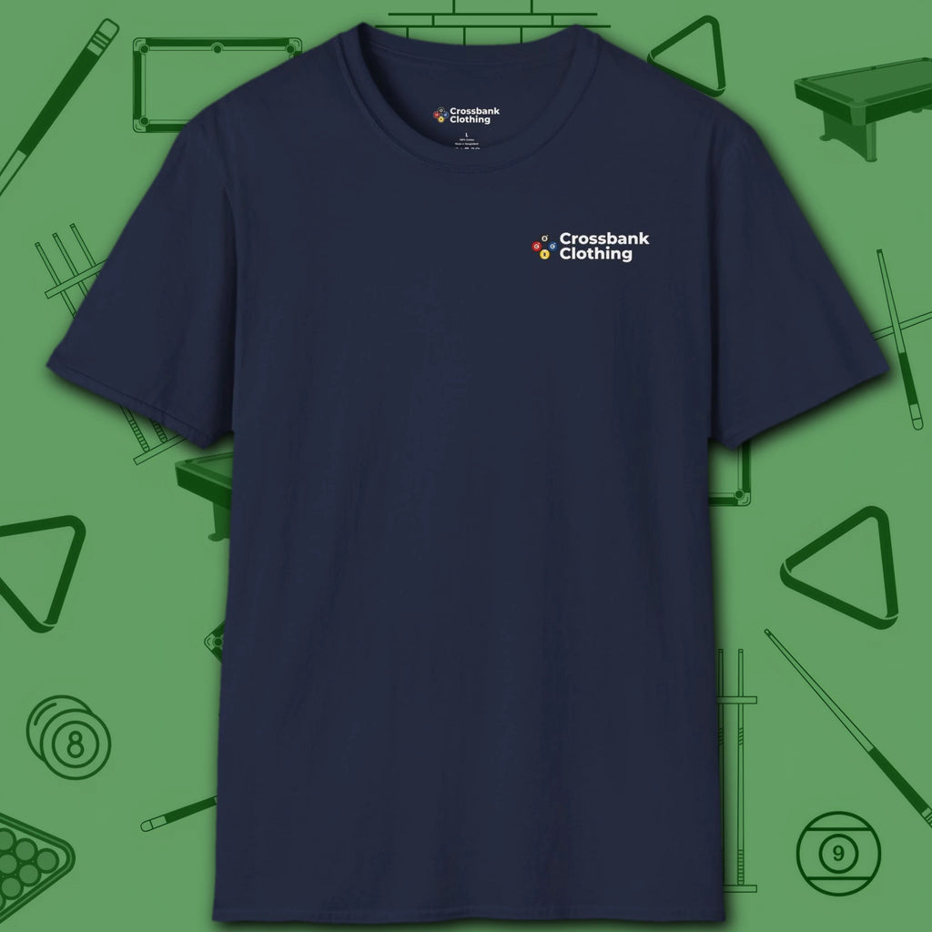 Wanted Pool Shark T-Shirt, in Navy color, billiards shirt, front view