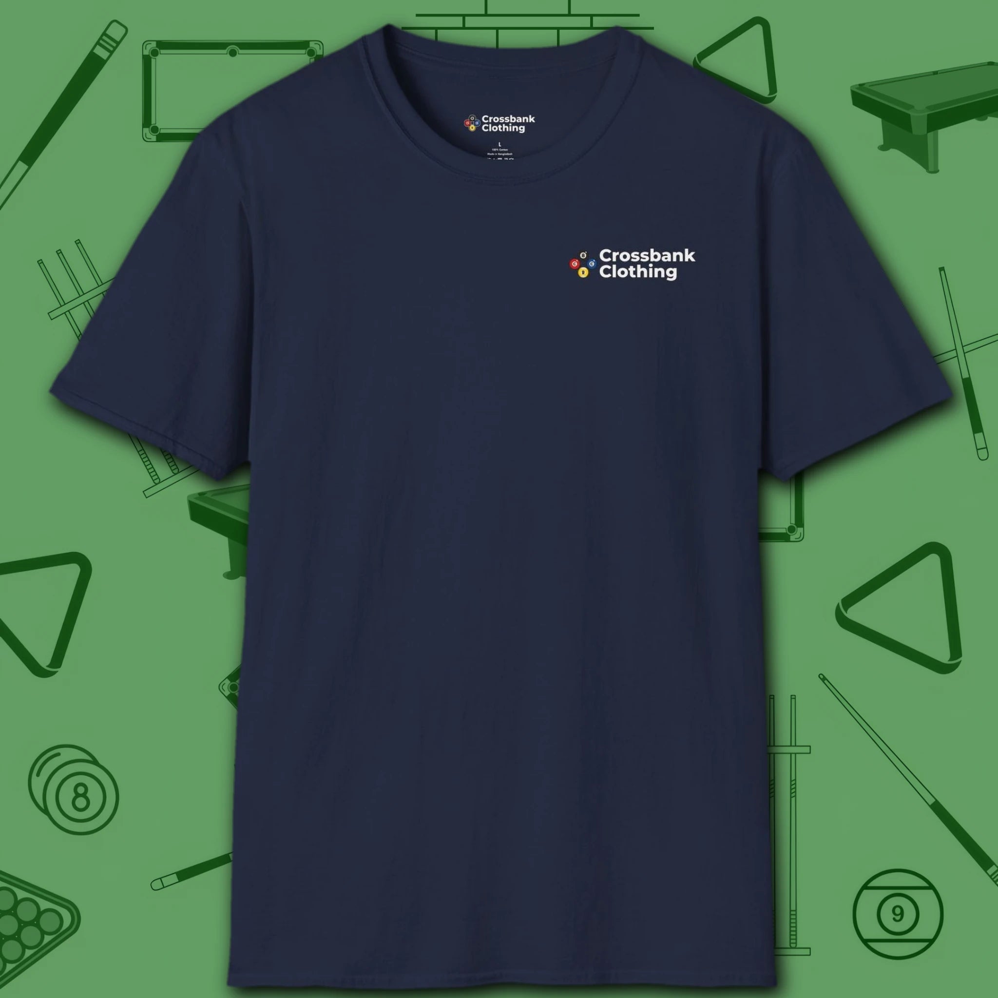 Wanted Pool Shark T-Shirt, in Navy color, billiards shirt, front view